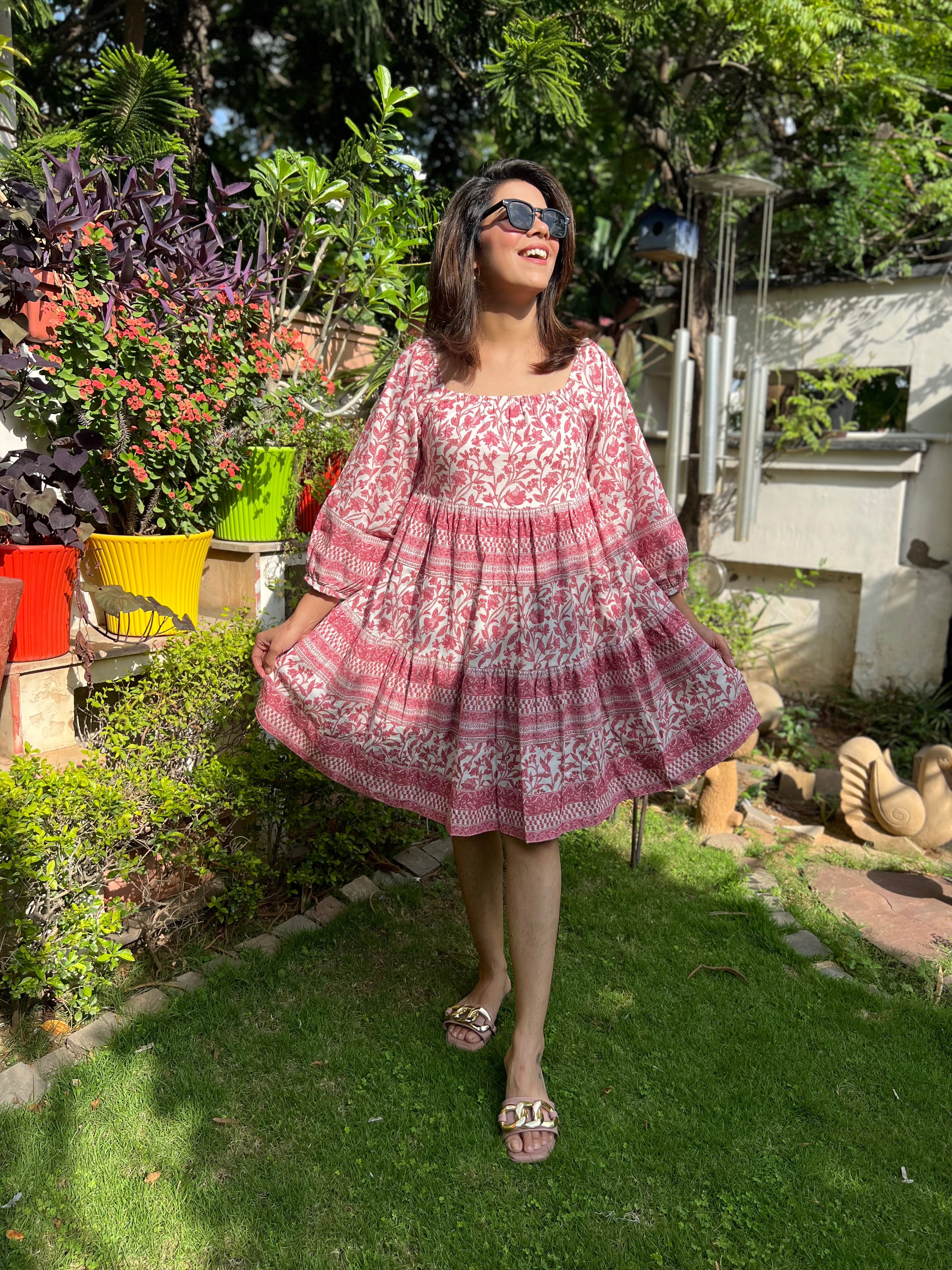 Pink Peony Printed Tier Dress