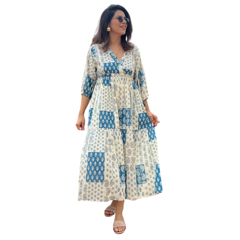 Open-Back Patchwork Print Dress | Blue Multi