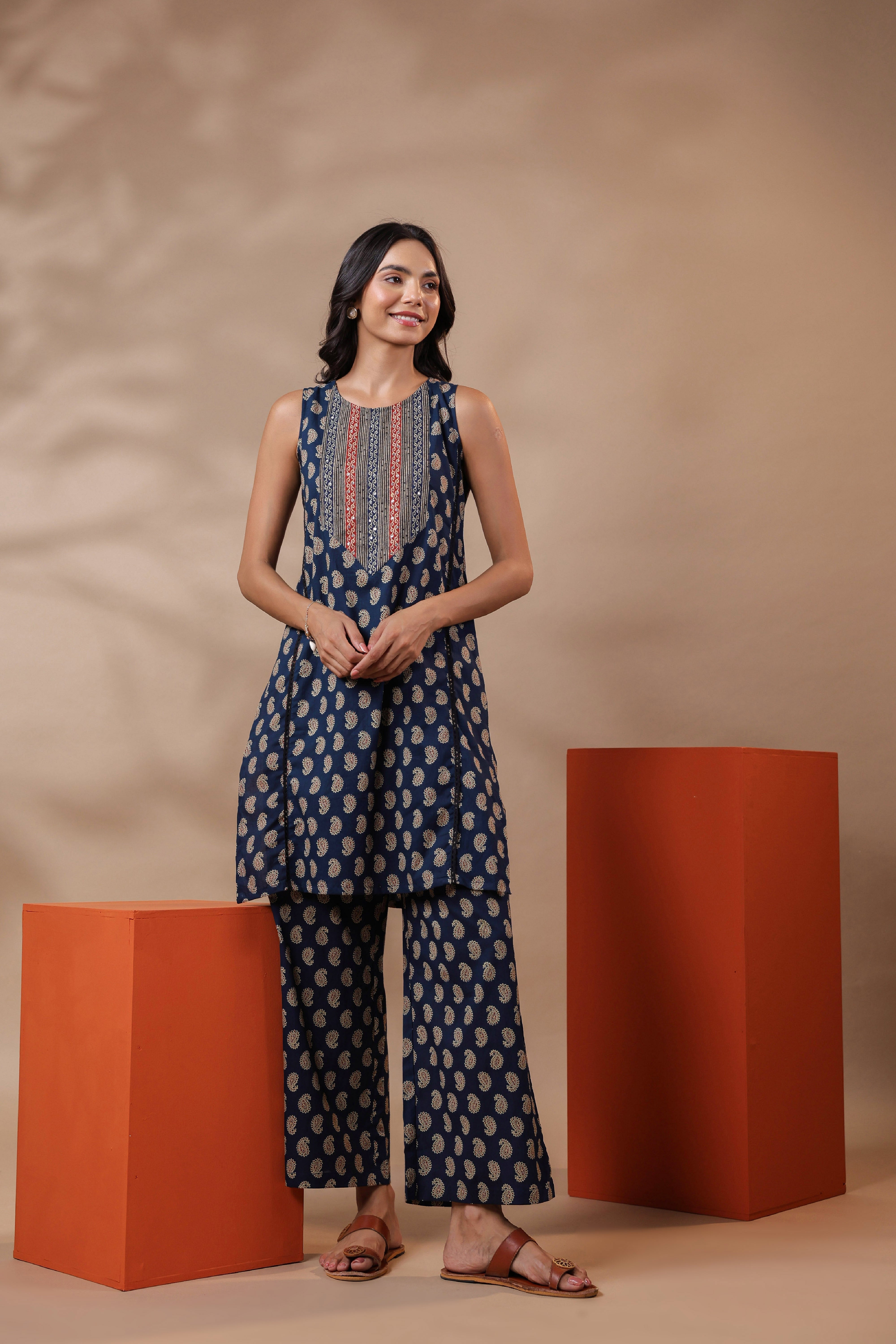 Navy Blue Printed Cotton Kurta & Pants Set