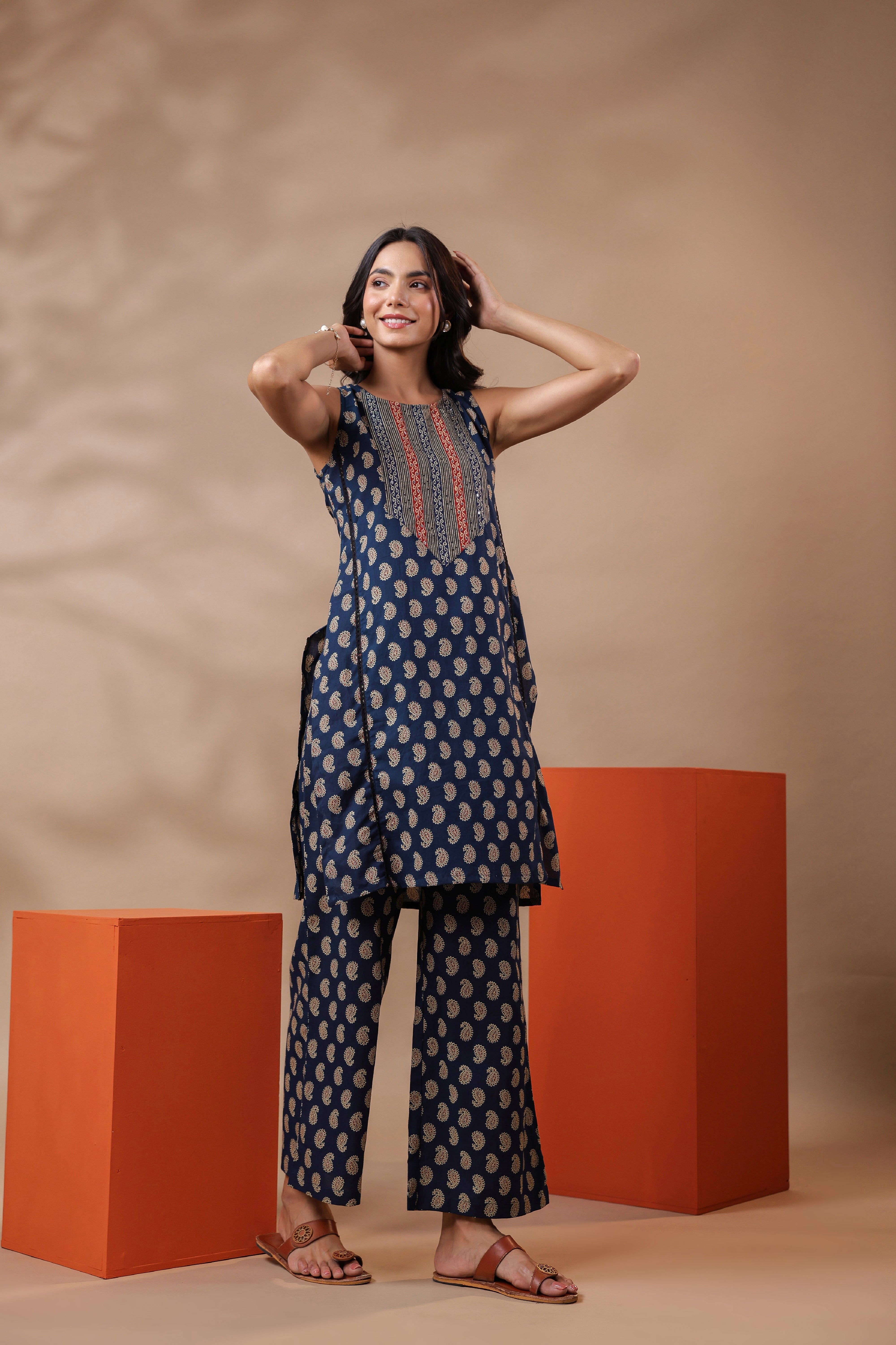 Navy Blue Printed Cotton Kurta & Pants Set