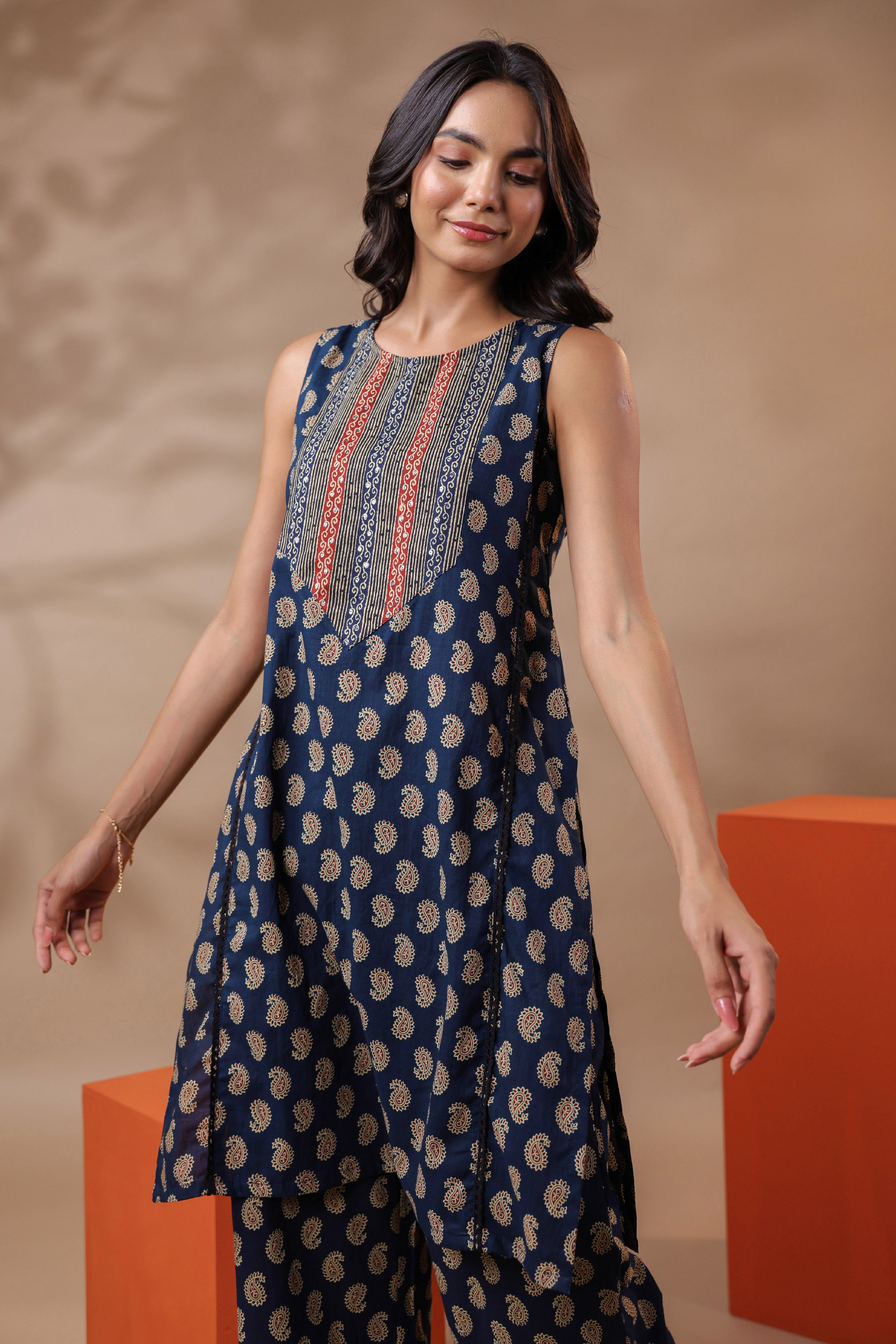 Navy Blue Printed Cotton Kurta & Pants Set