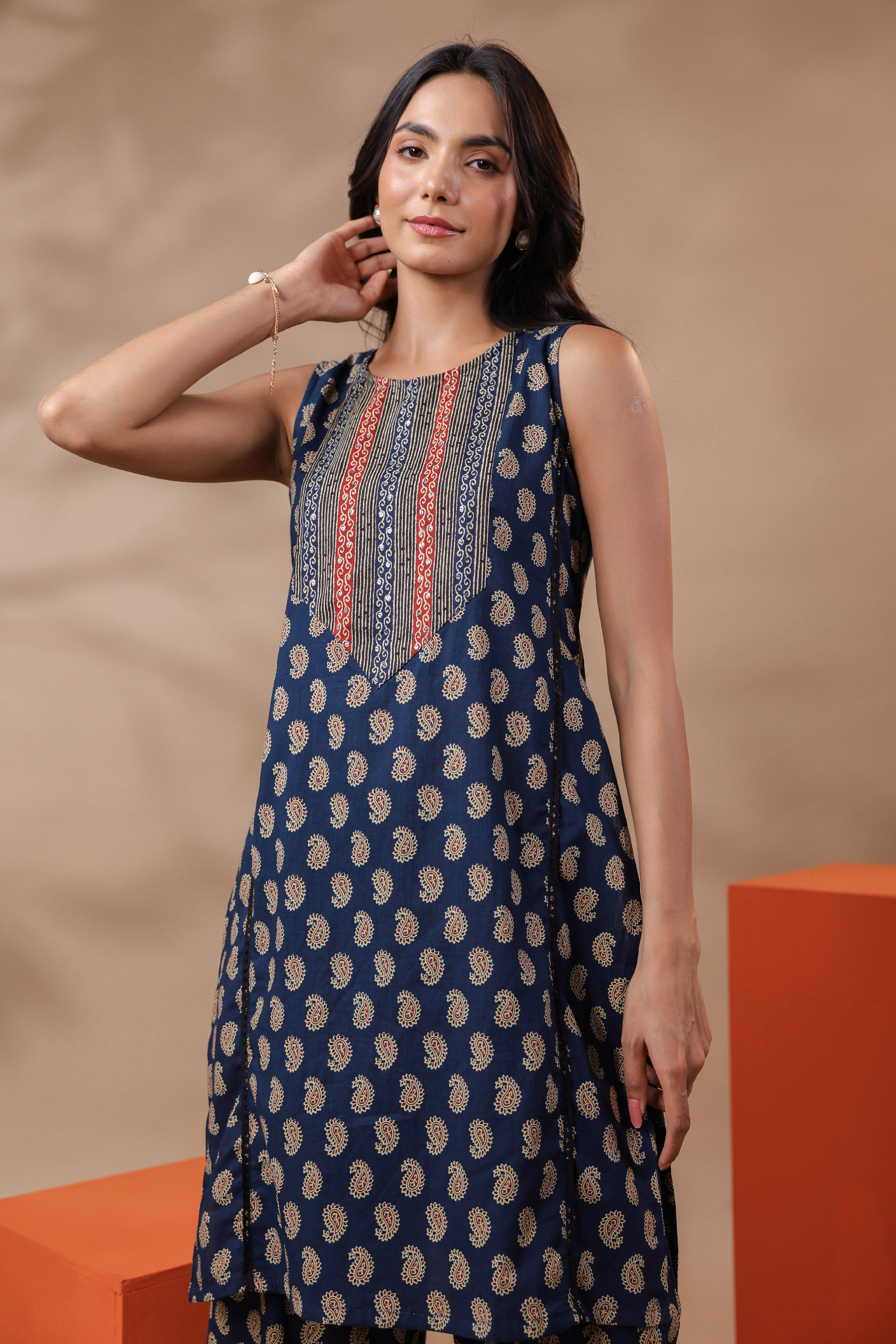 Navy Blue Printed Cotton Kurta & Pants Set