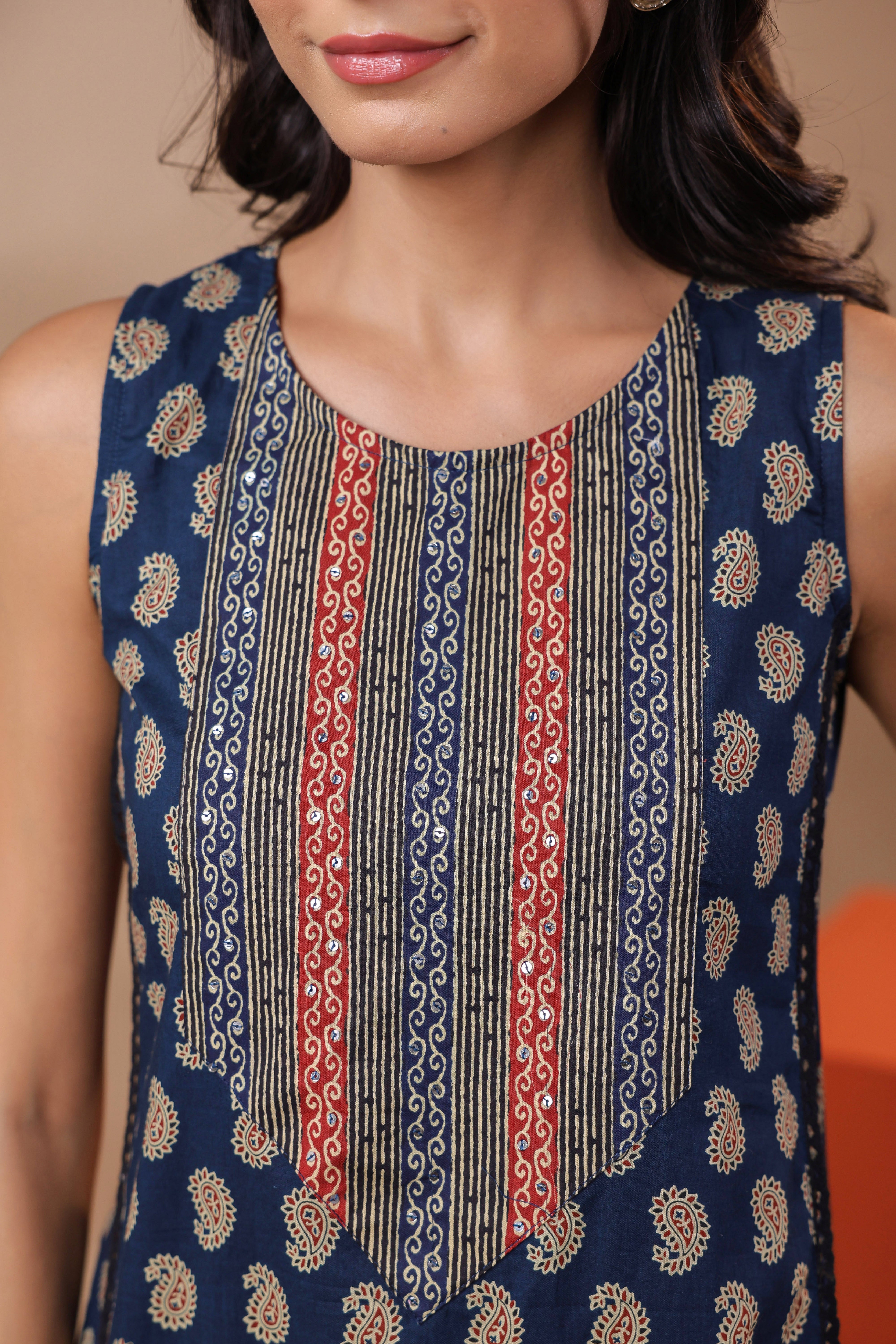 Navy Blue Printed Cotton Kurta & Pants Set