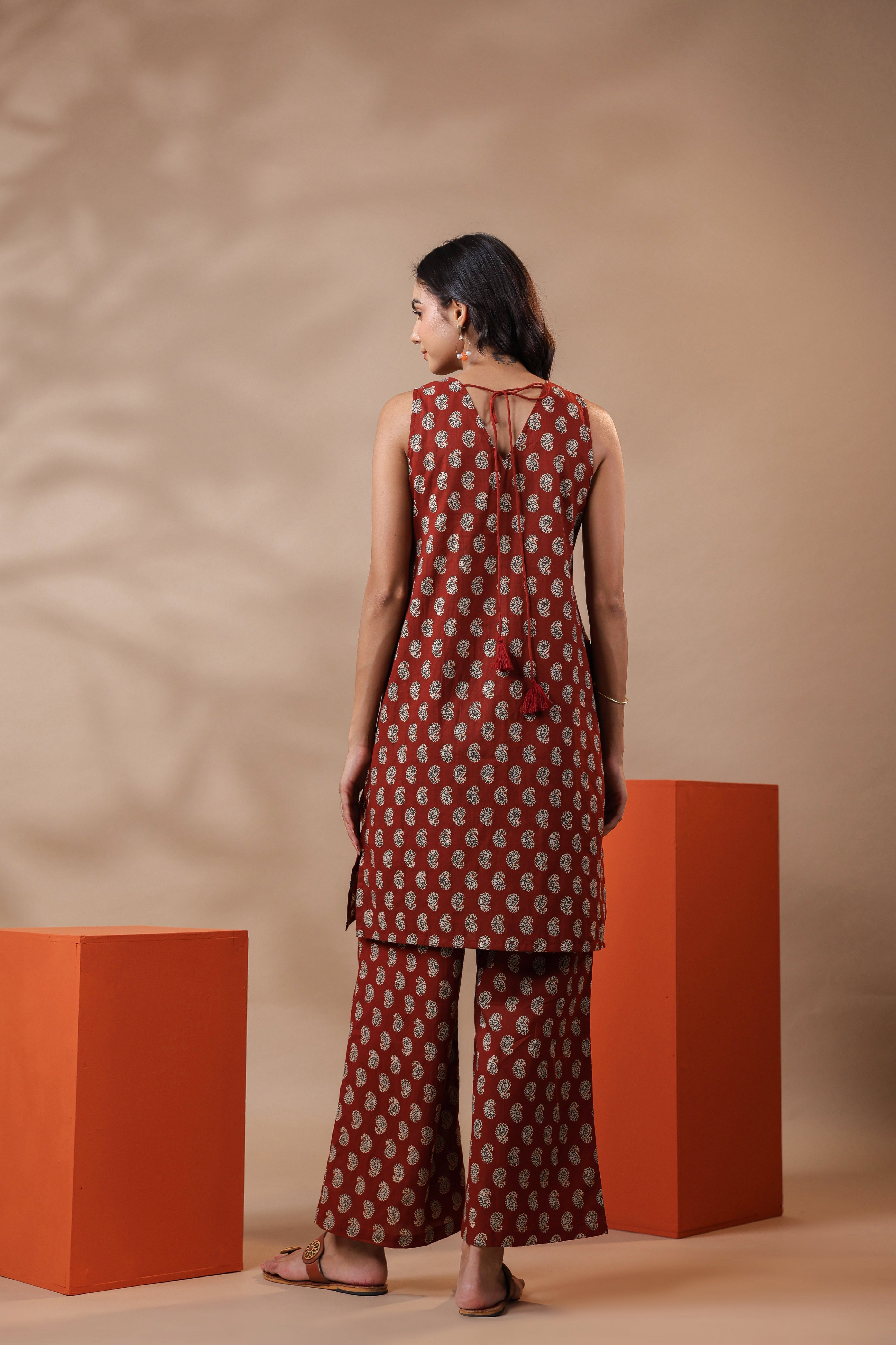 Maroon Printed Cotton Kurta & Pants Set