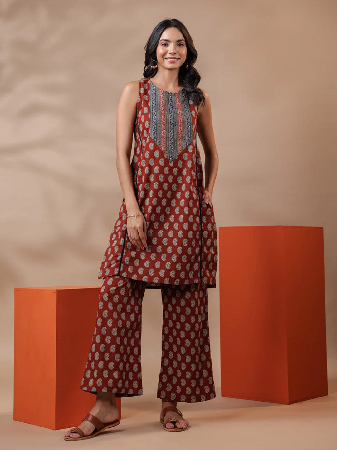 Maroon Printed Cotton Kurta & Pants Set