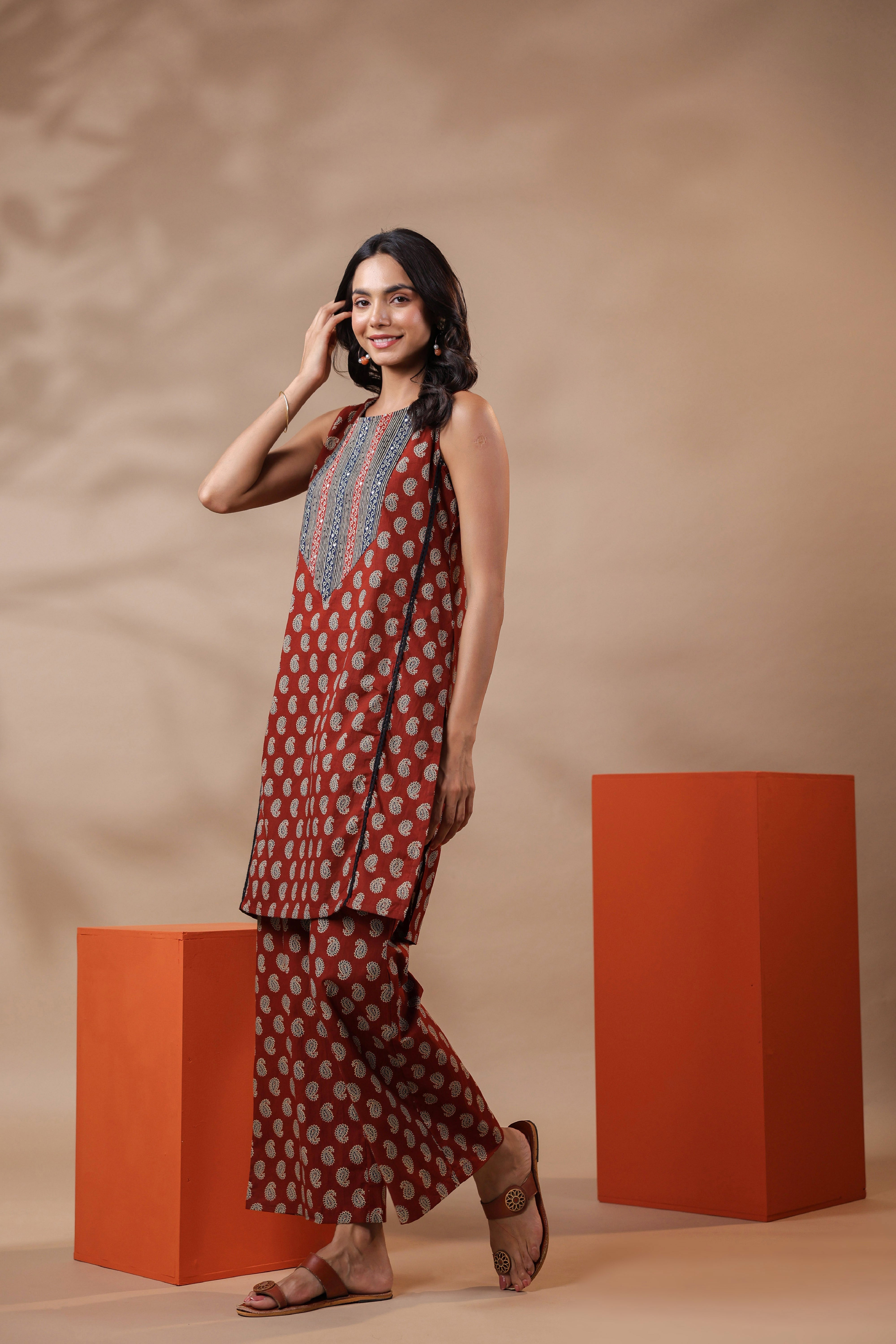 Maroon Printed Cotton Kurta & Pants Set