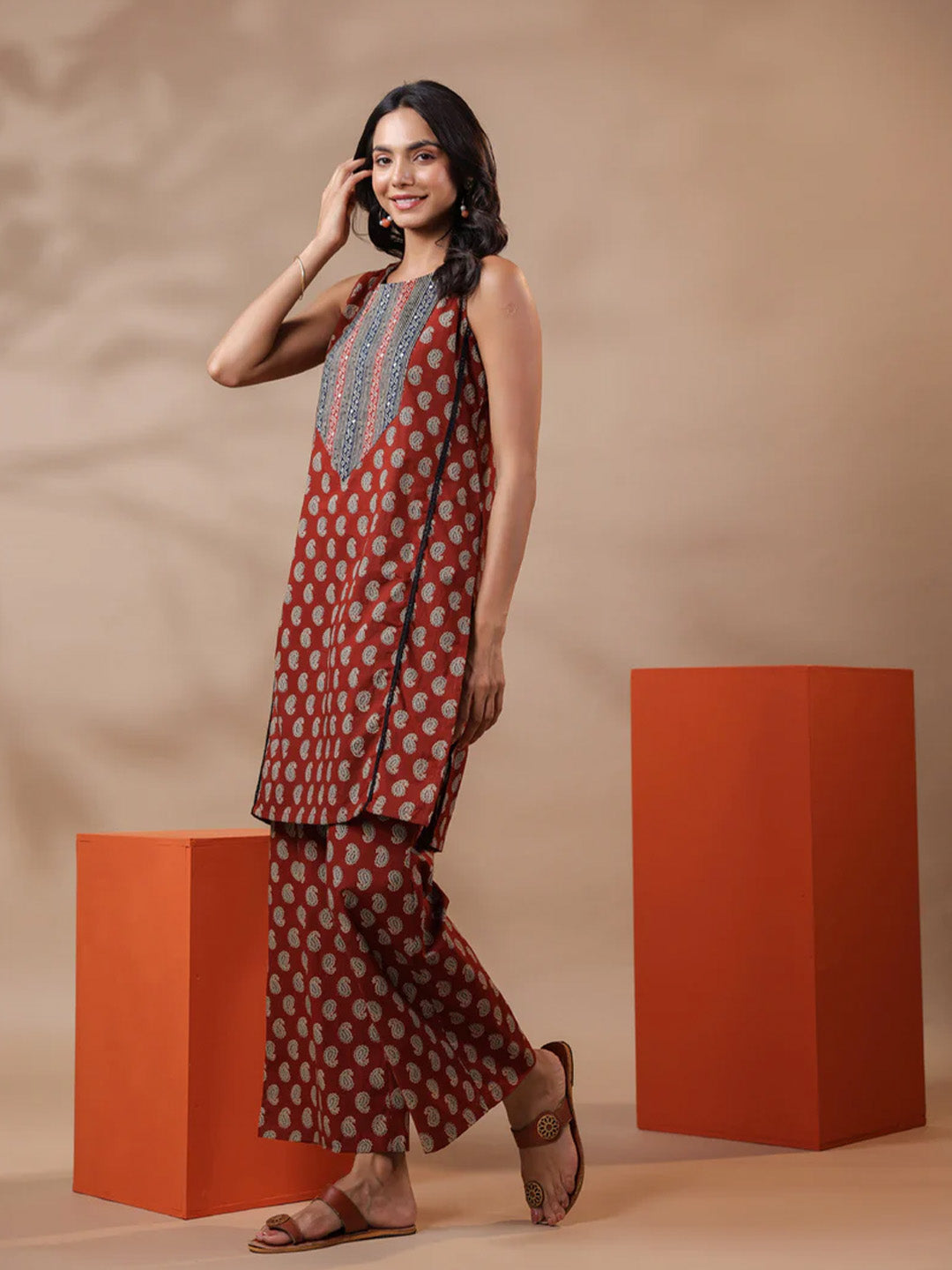 Maroon Printed Cotton Kurta & Pants Set