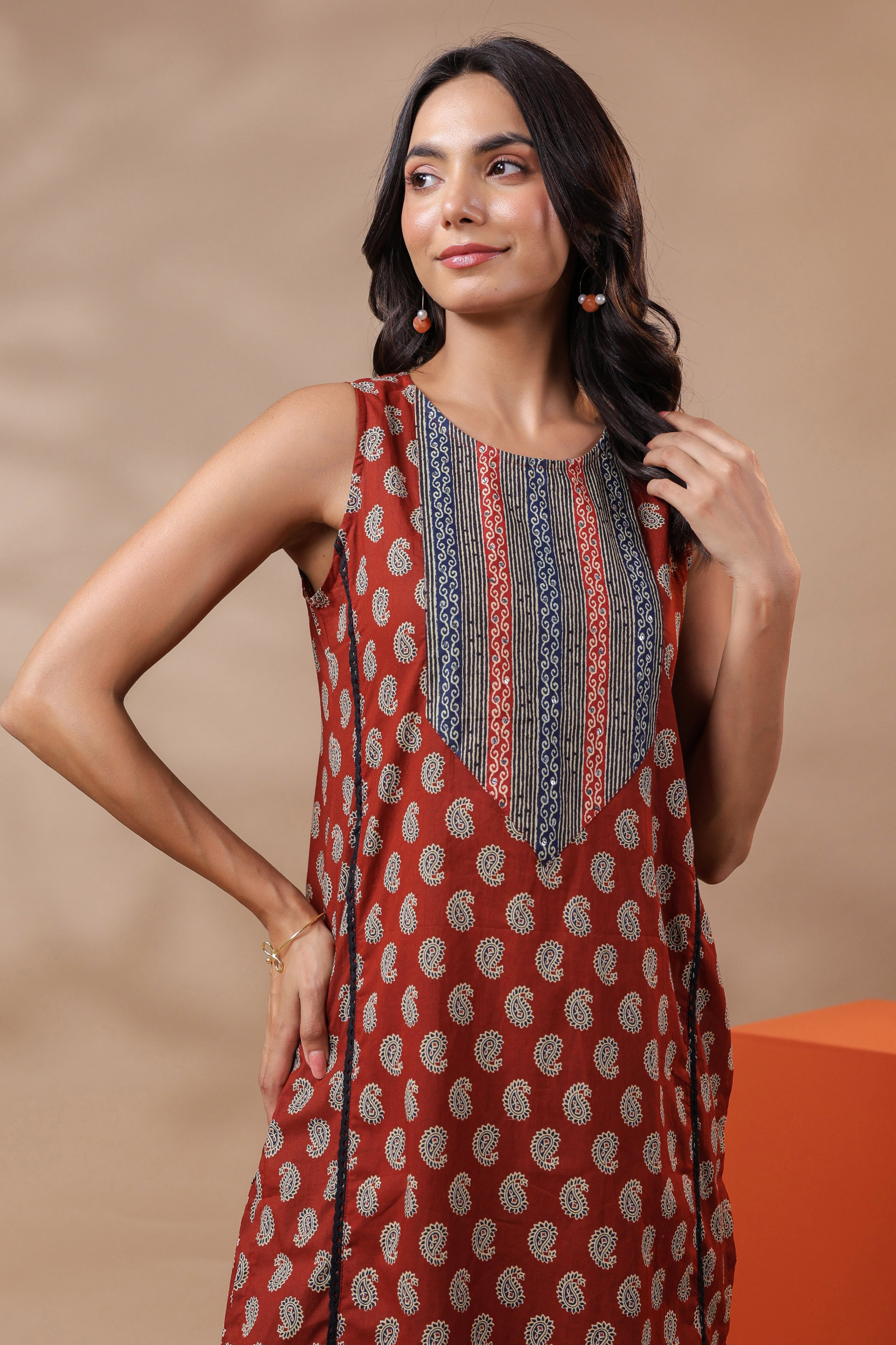 Maroon Printed Cotton Kurta & Pants Set