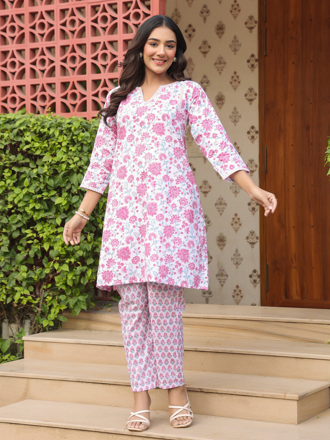 White Floral Handblock Printed Cotton Co-ord Set