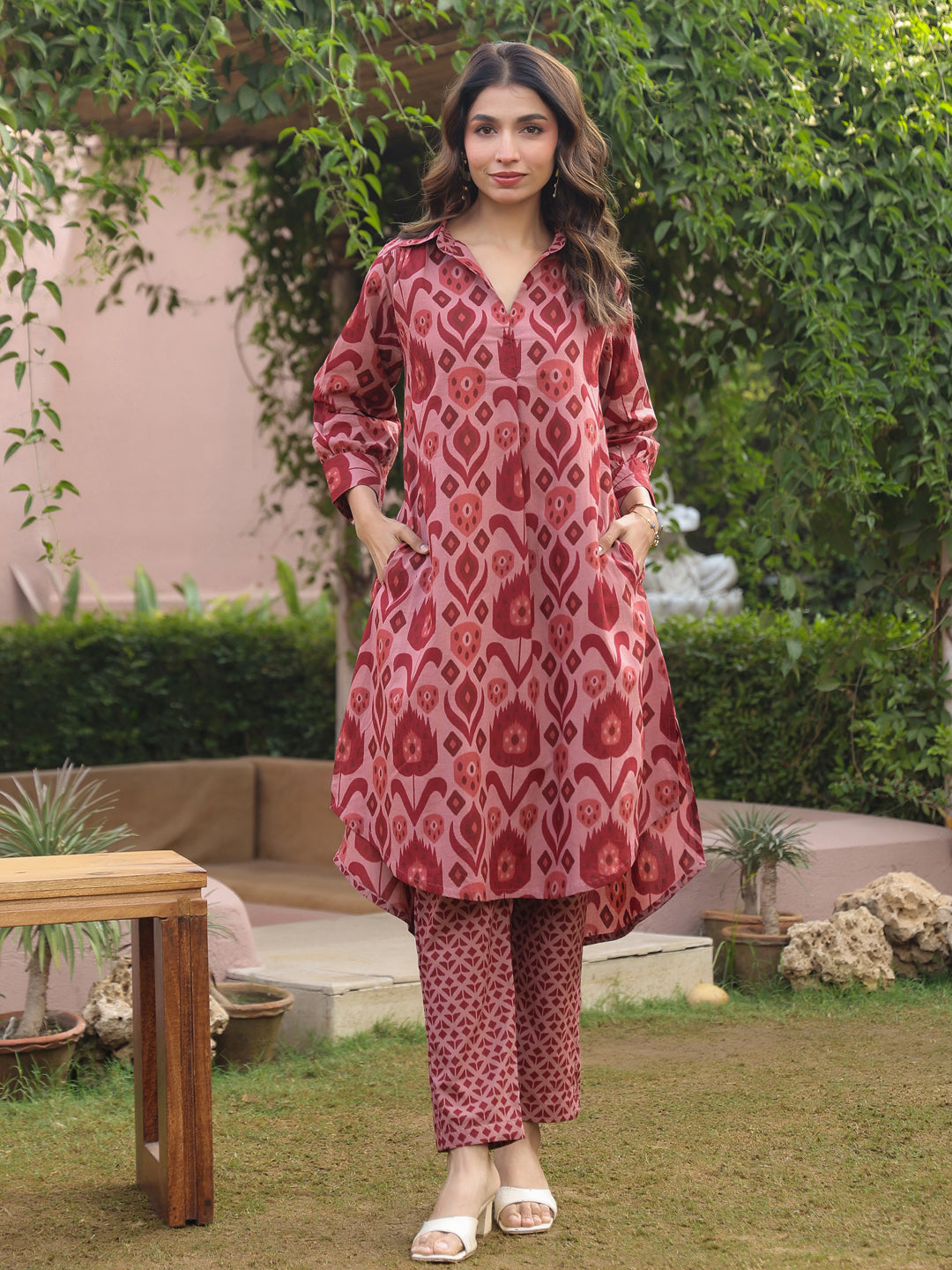 Maroon Ikat Printed Cotton Co-Ord Set