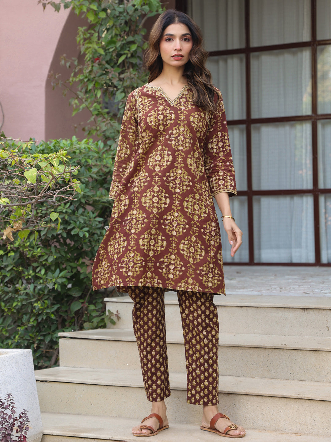 Brown Floral Handblock Printed Cotton Co-ord Set
