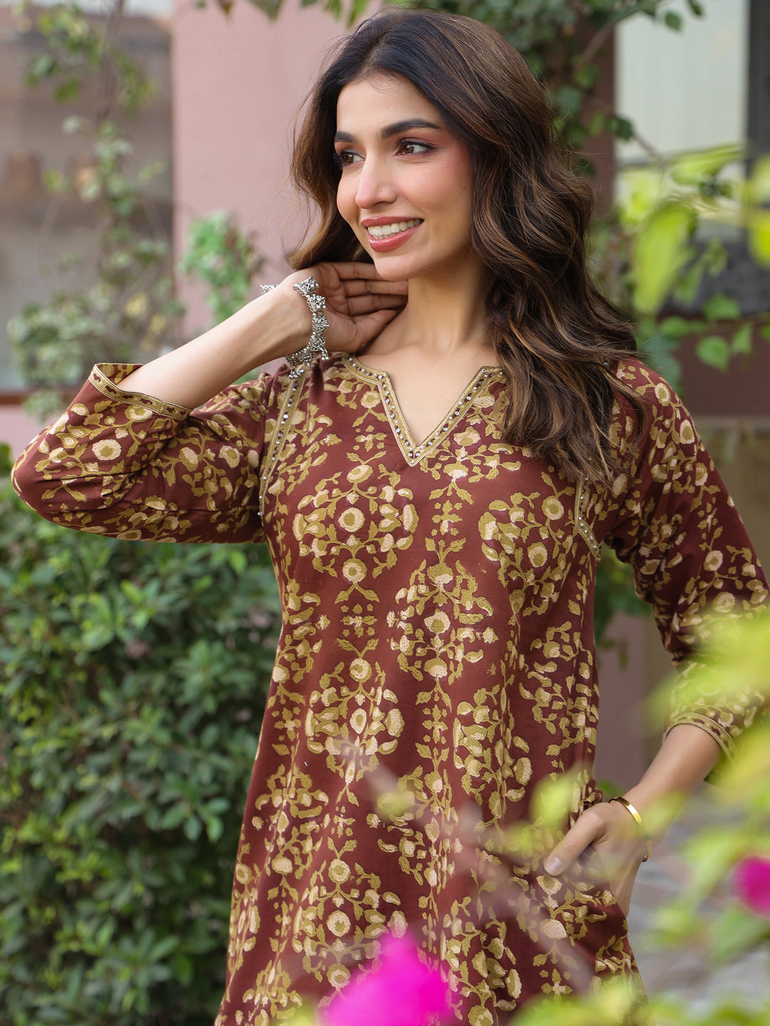 Brown Floral Handblock Printed Cotton Co-ord Set