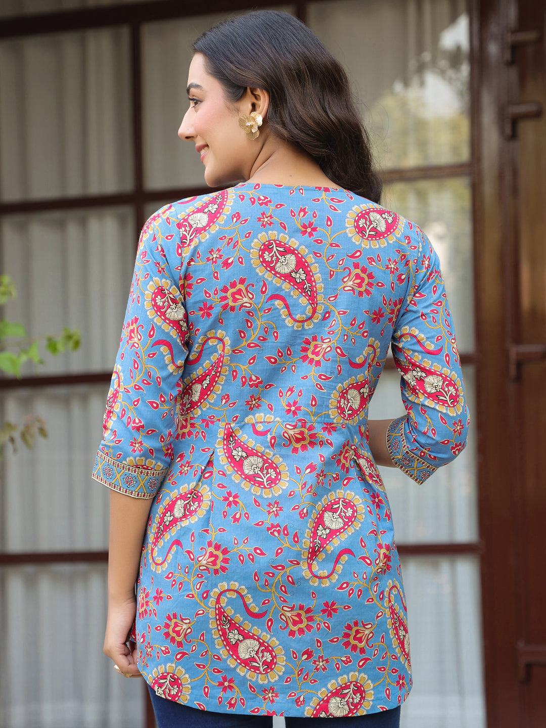 Blue Printed Sequinned Pure Cotton Kurti