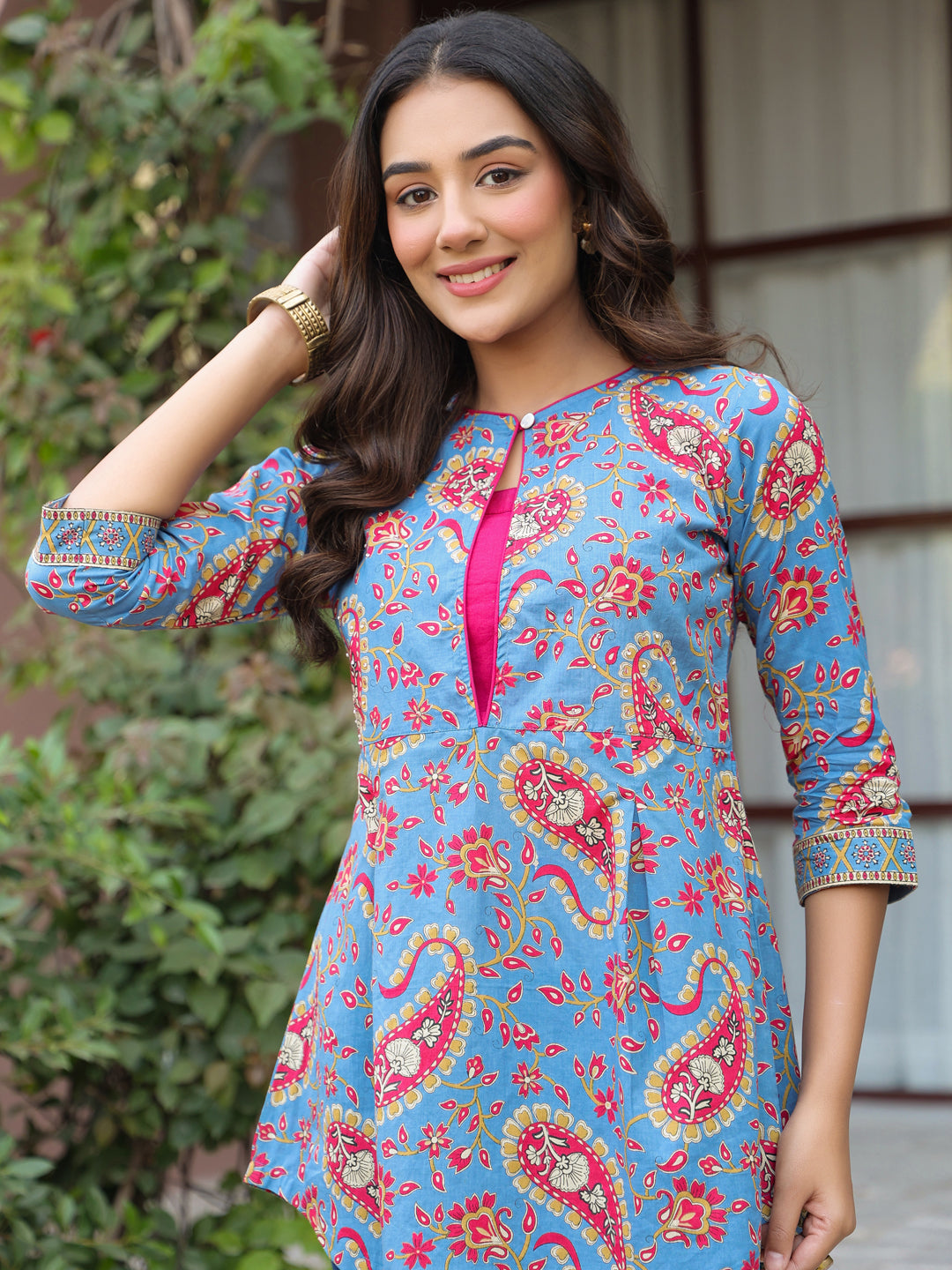 Blue Printed Sequinned Pure Cotton Kurti