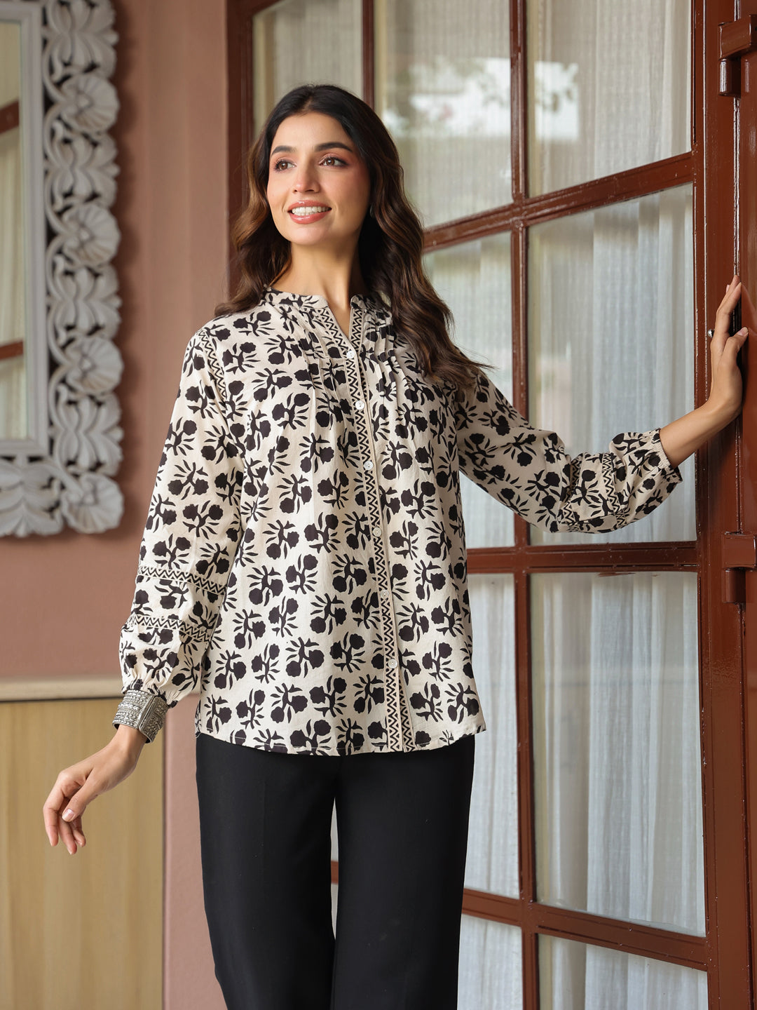 Cream Handblock Printed Pintuck Top with Mandarin Collar