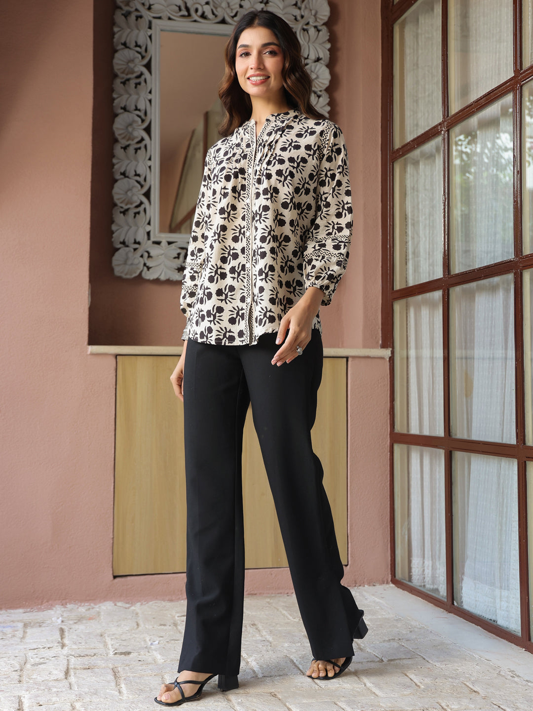 Cream Handblock Printed Pintuck Top with Mandarin Collar