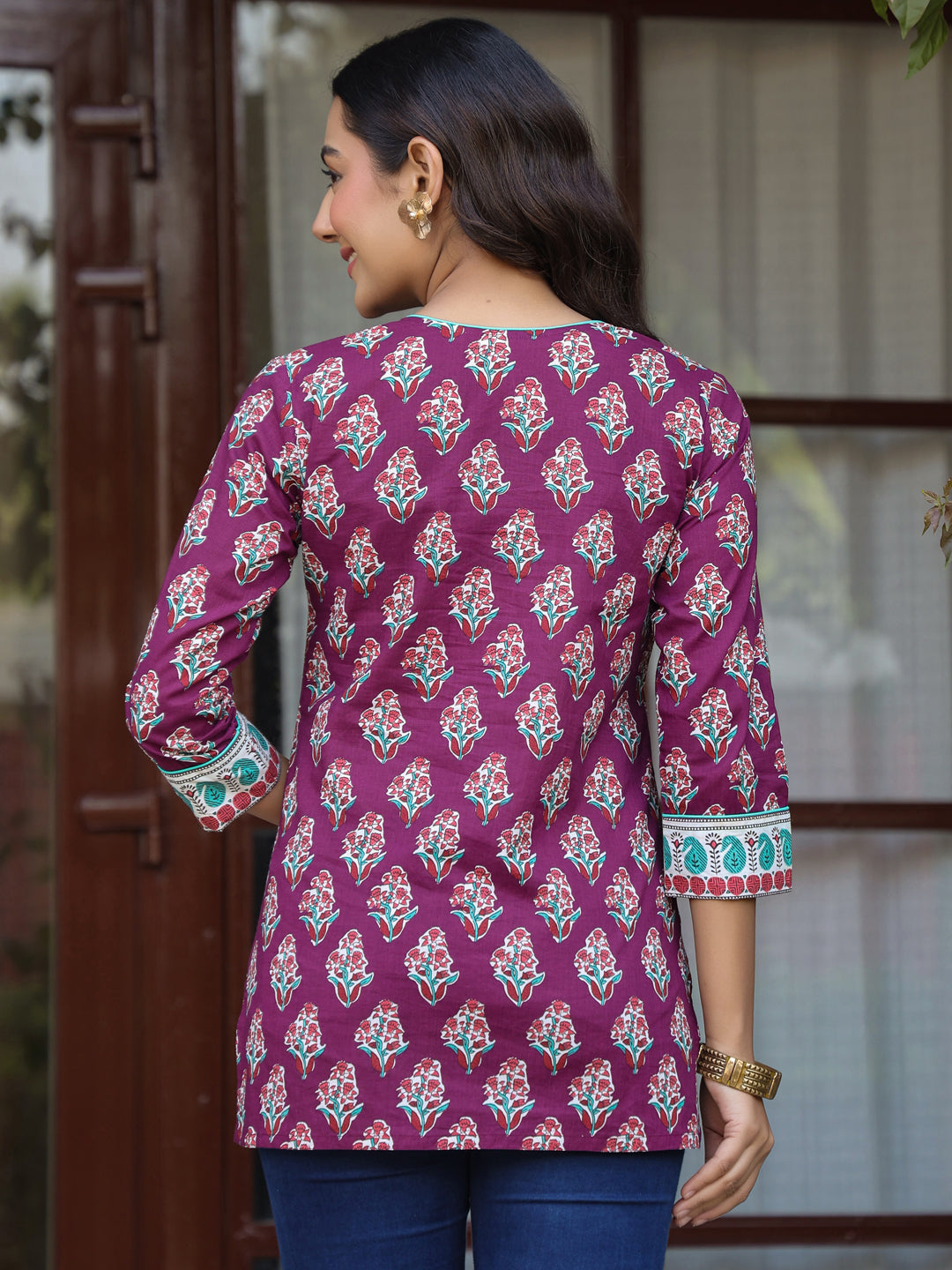 Wine Floral Printed Sequinned Pure Cotton Top