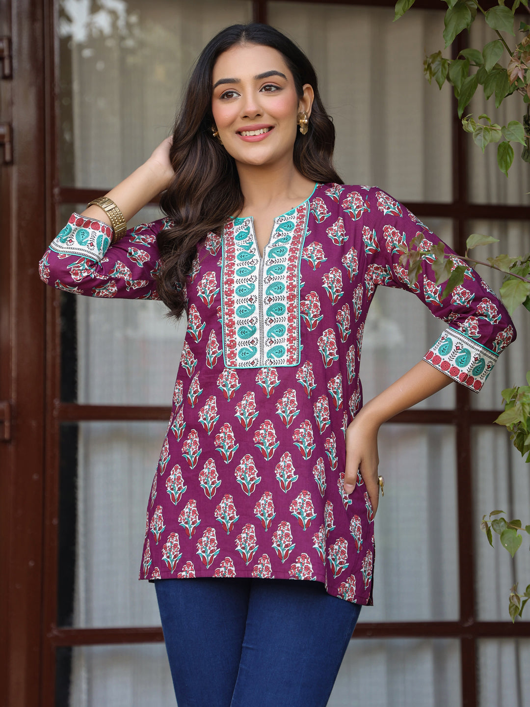 Wine Floral Printed Sequinned Pure Cotton Top