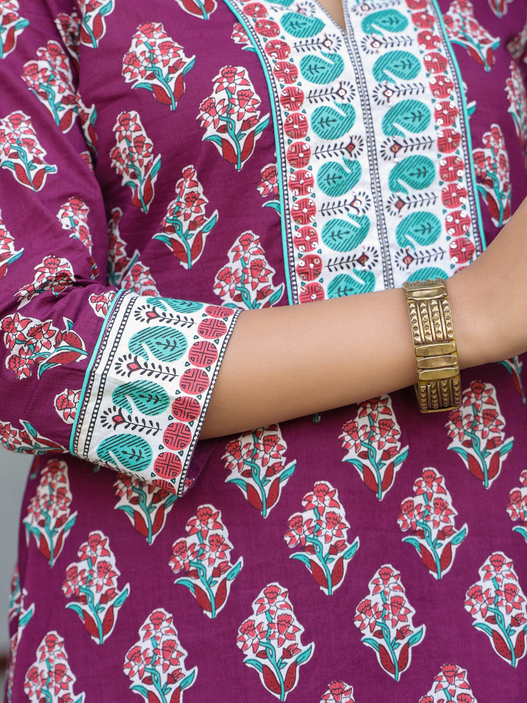 Wine Floral Printed Sequinned Pure Cotton Top