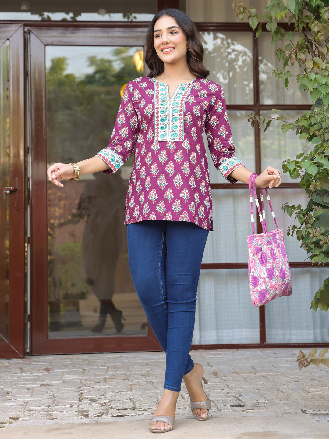 White & Purple Floral Shoulder Bag with Zip