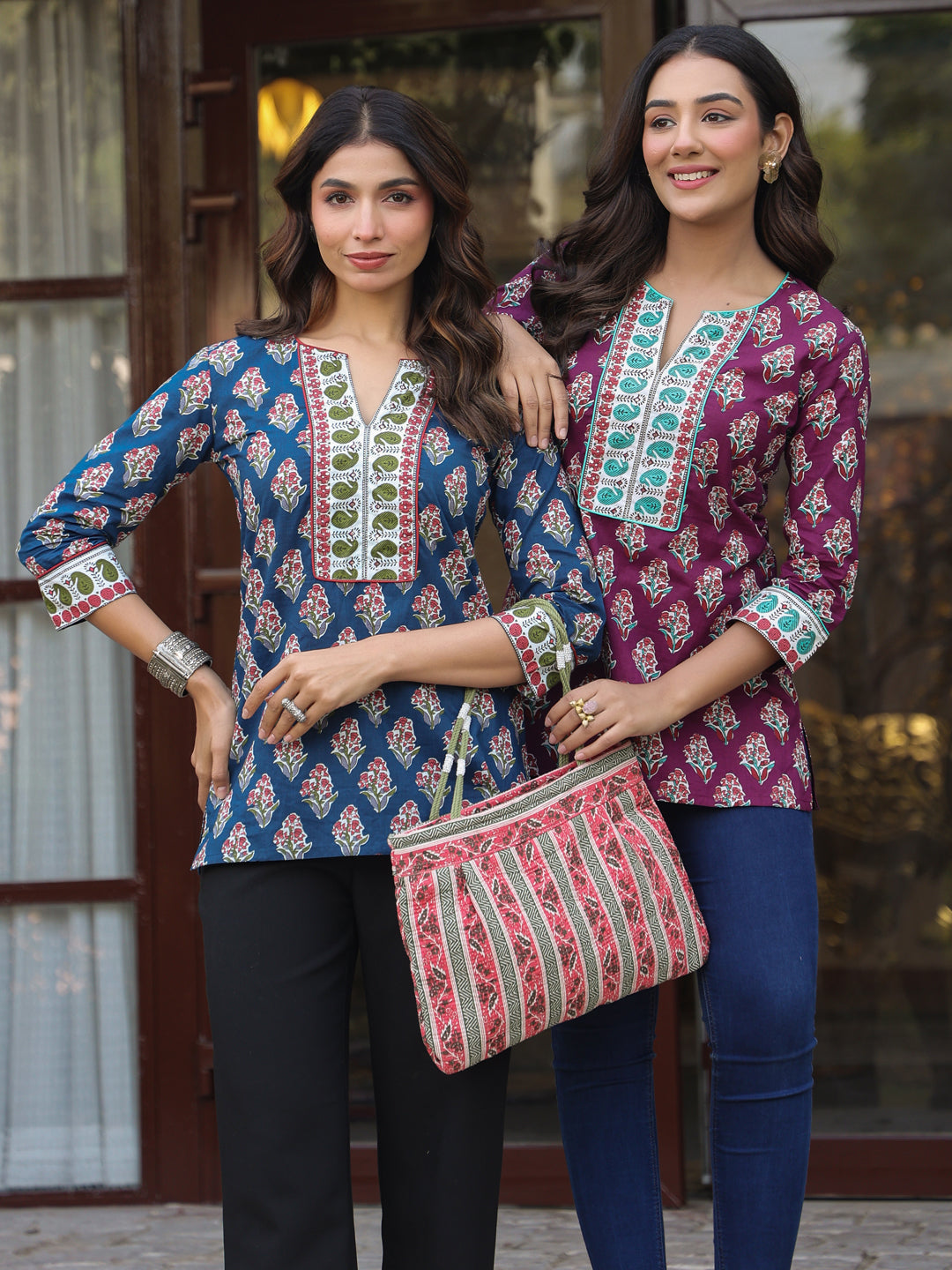 Pink Border Shoulder Bag with Zip