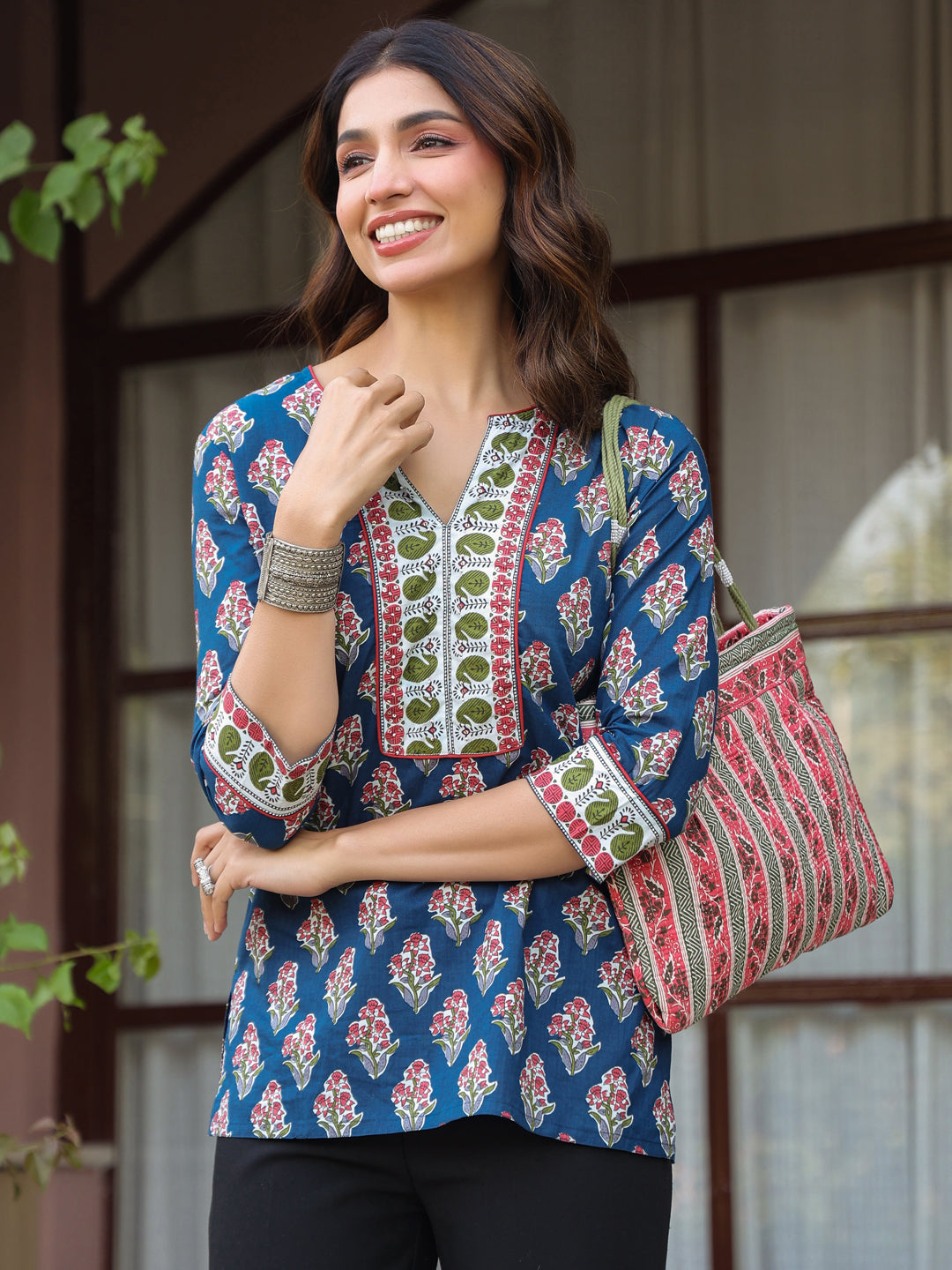 Navy Blue Floral Printed Sequinned Pure Cotton Top