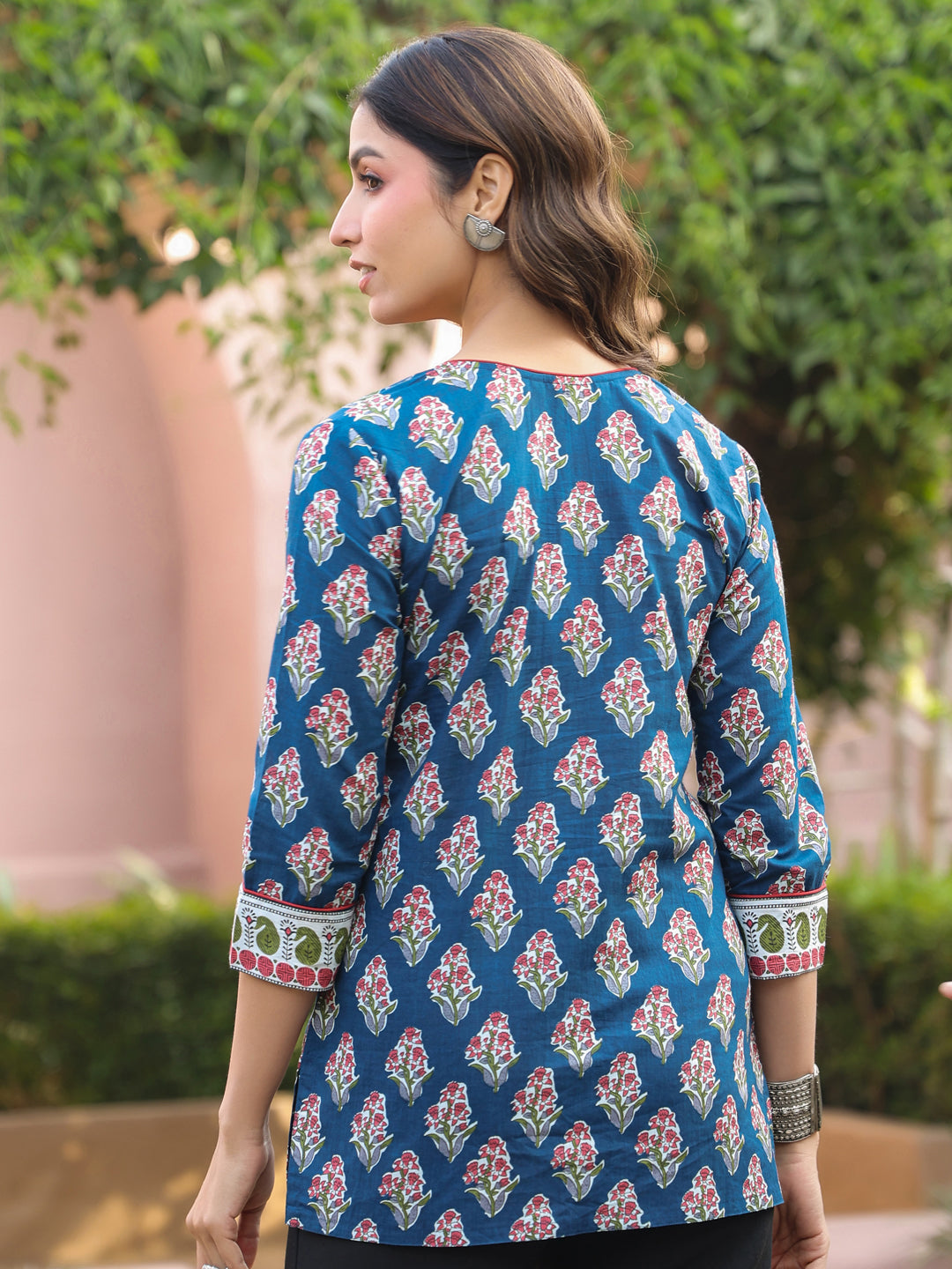 Navy Blue Floral Printed Sequinned Pure Cotton Top