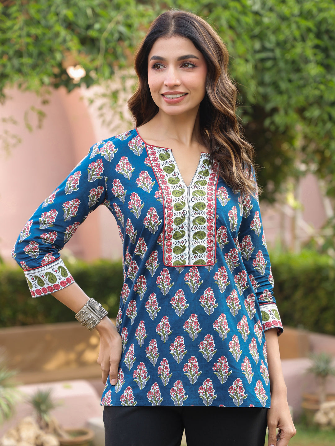 Navy Blue Floral Printed Sequinned Pure Cotton Top