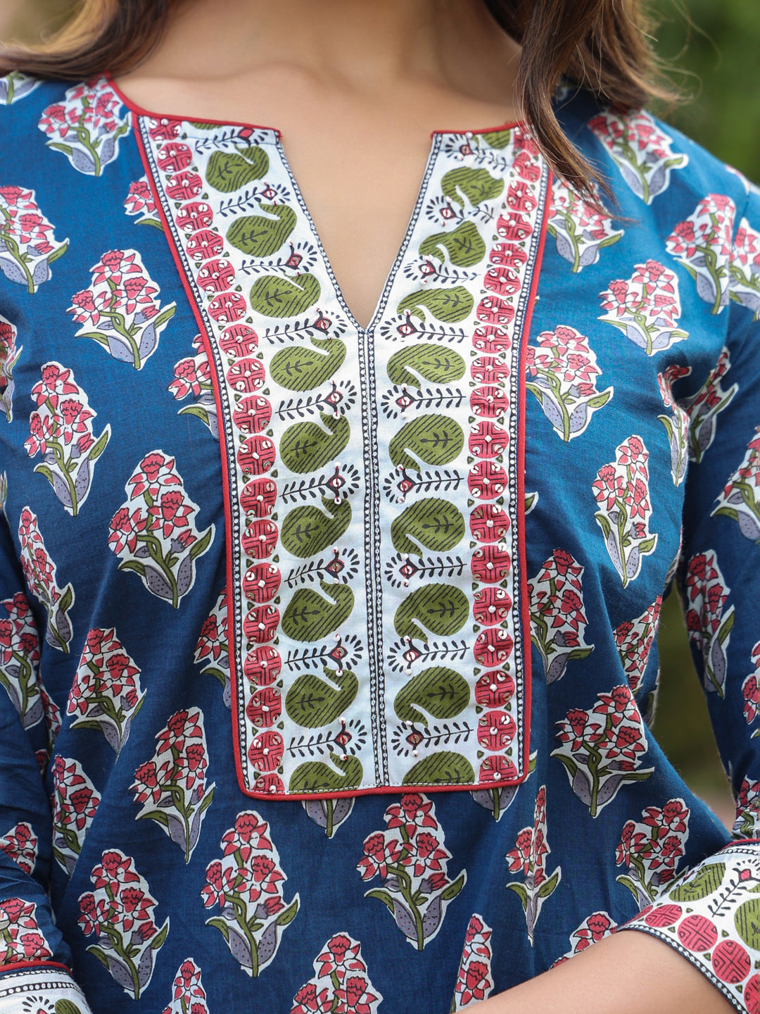 Navy Blue Floral Printed Sequinned Pure Cotton Top