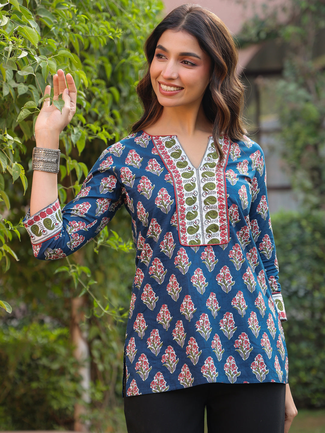 Navy Blue Floral Printed Sequinned Pure Cotton Top