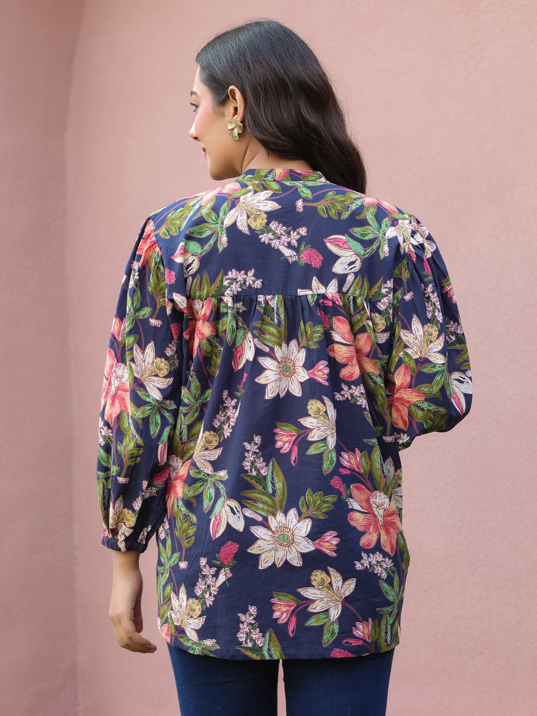 Blue Floral Print Mandarin Collar Cotton Top
