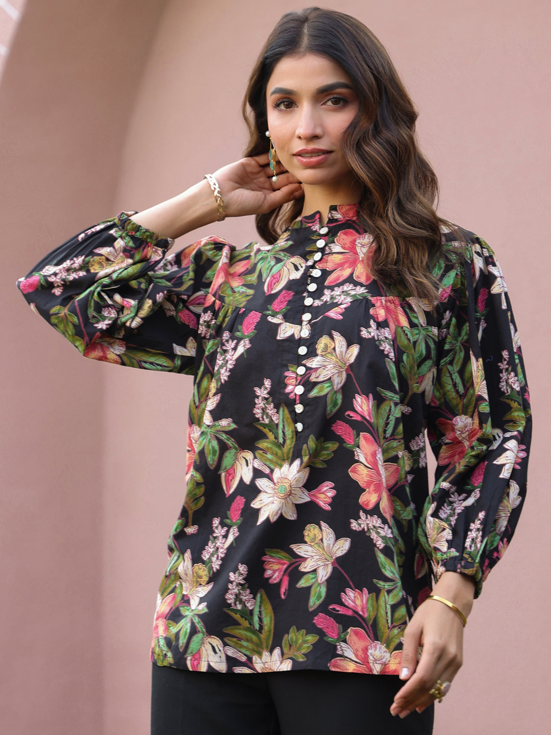 Black Floral Print Mandarin Collar Cotton Top