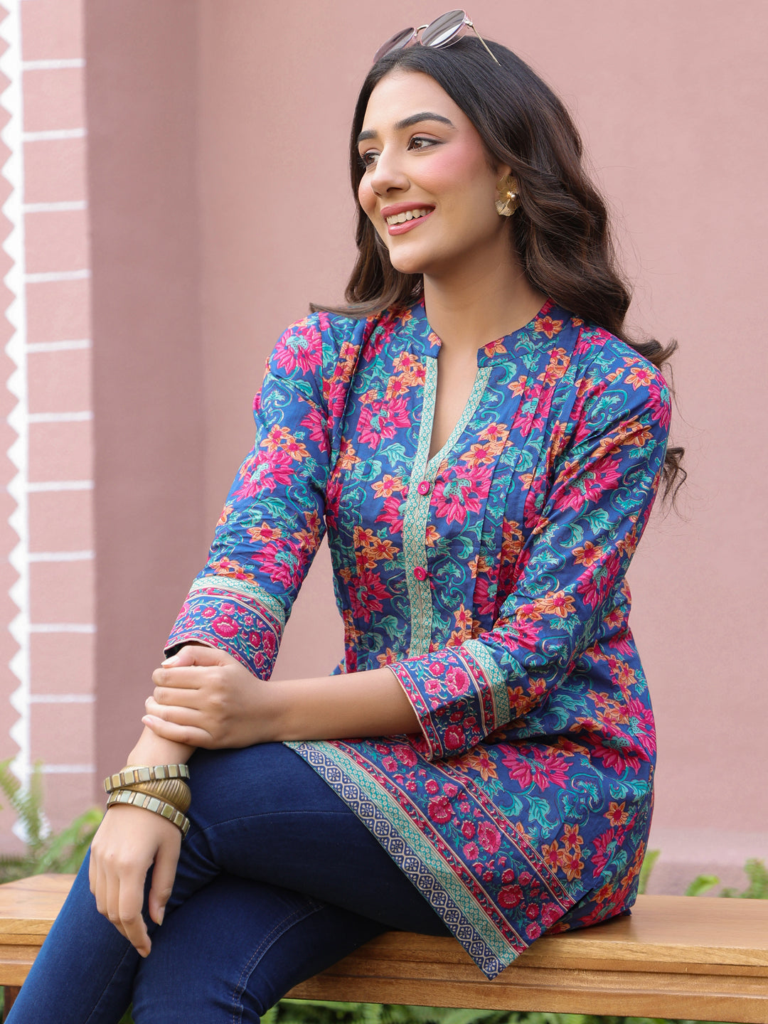 Blue Floral Print Mandarin Collar Pintucks Top