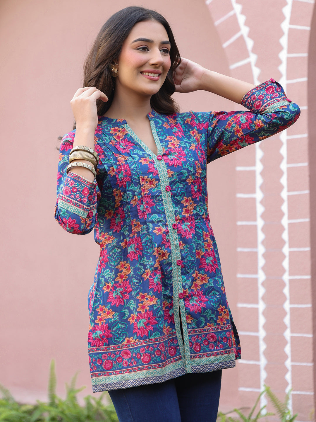 Blue Floral Print Mandarin Collar Pintucks Top