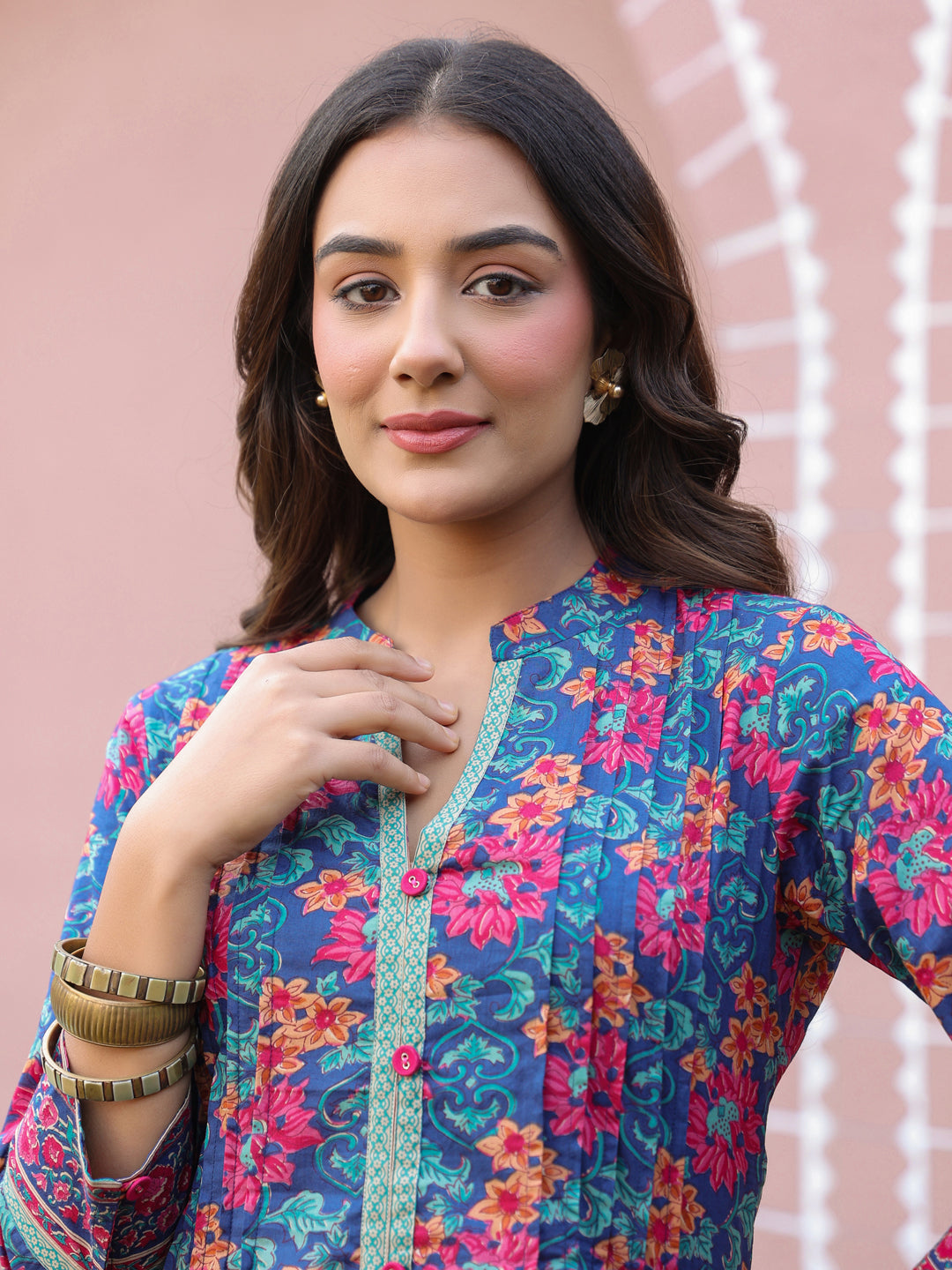 Blue Floral Print Mandarin Collar Pintucks Top