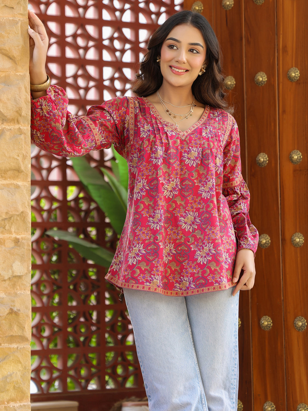 Pink Floral Printed V-Neck Pintuck Cotton Top
