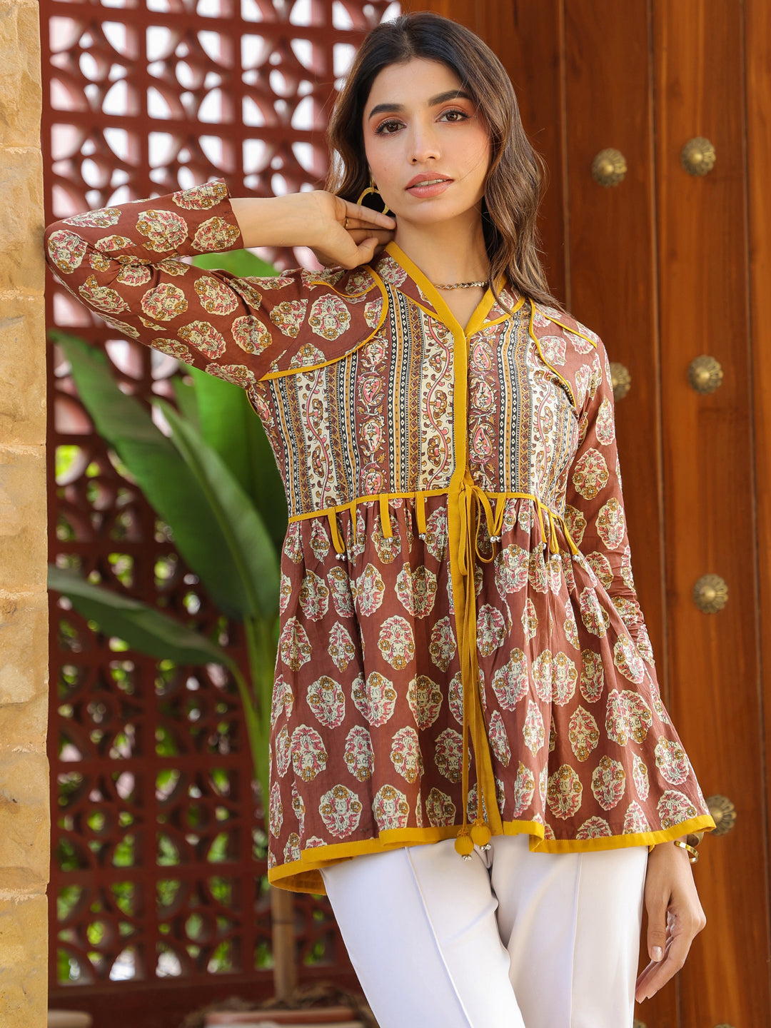 Brown Handblock Printed A-Line Peplum Top with Tie-Up Detail