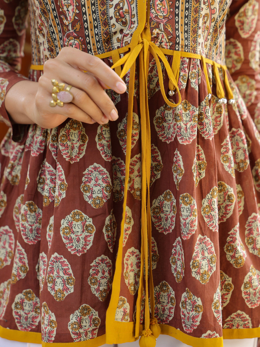 Brown Handblock Printed A-Line Peplum Top with Tie-Up Detail