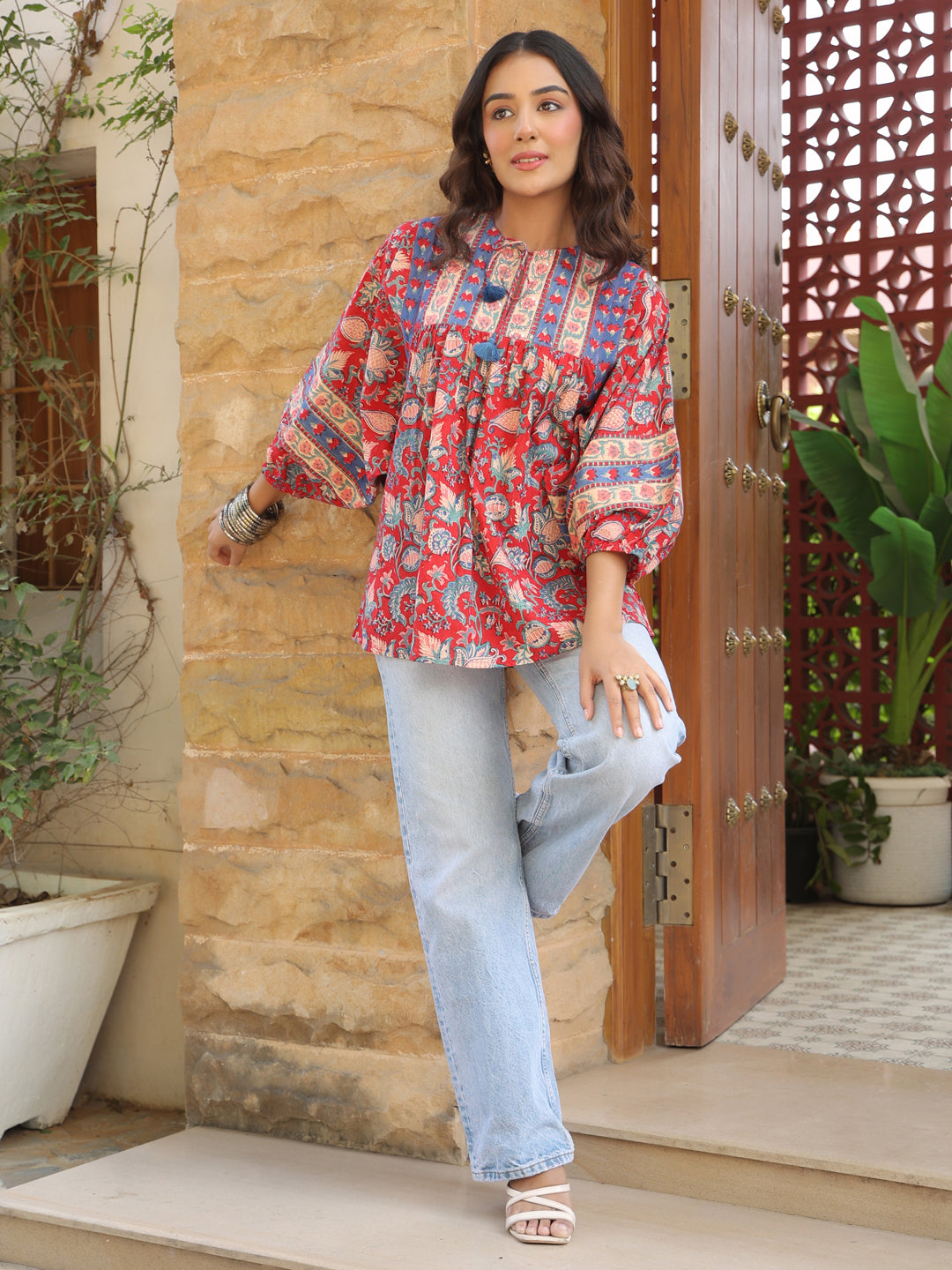 Red Handblock Printed Boho Volume Sleeves Top