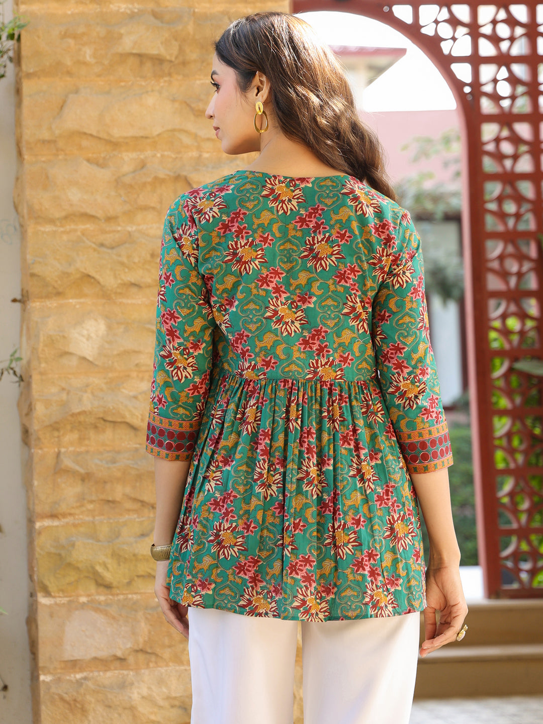 Green Ethnic Floral A-Line Top with Tie-Ups