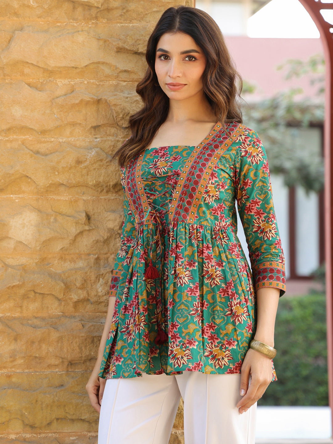Green Ethnic Floral A-Line Top with Tie-Ups
