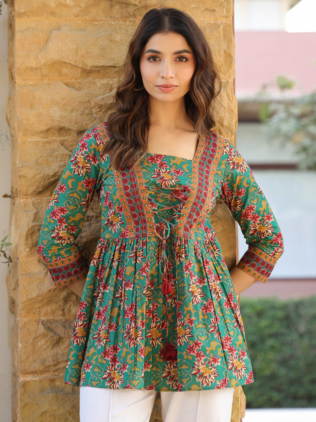 Green Ethnic Floral A-Line Top with Tie-Ups
