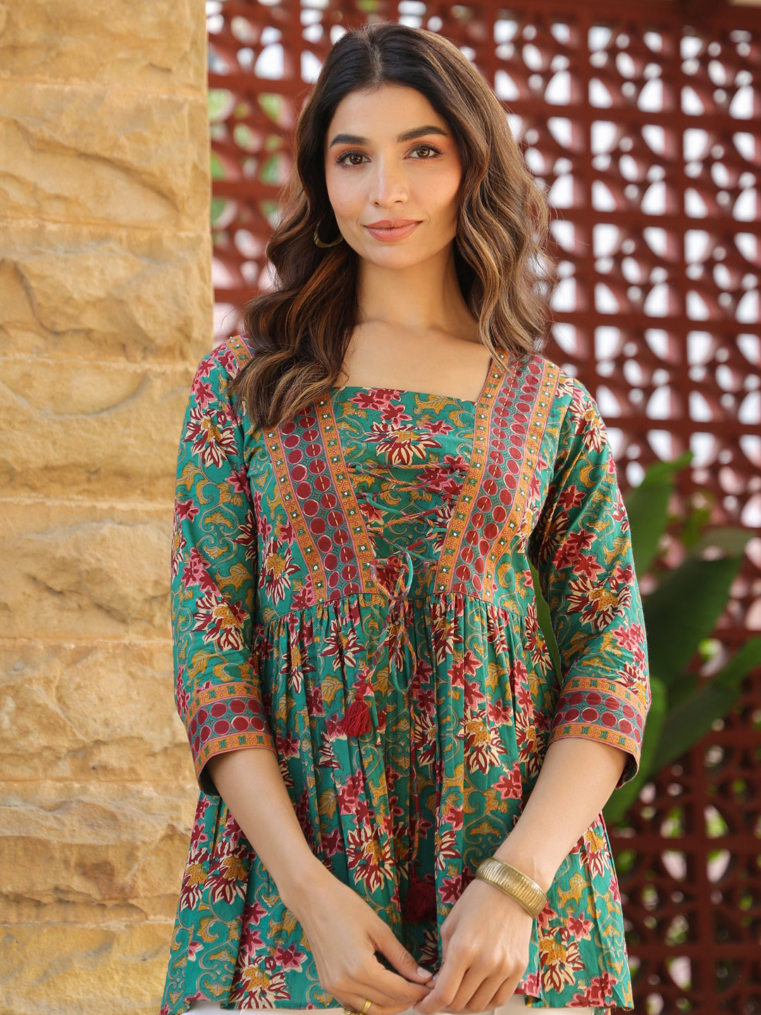 Green Ethnic Floral A-Line Top with Tie-Ups