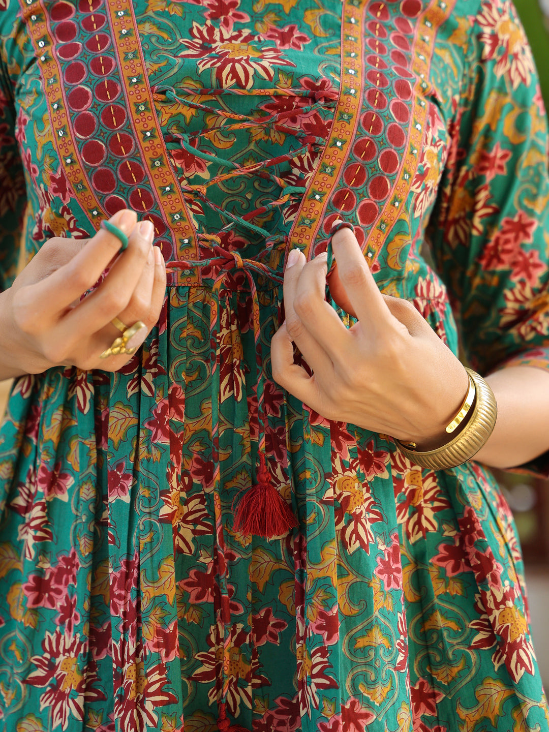 Green Ethnic Floral A-Line Top with Tie-Ups