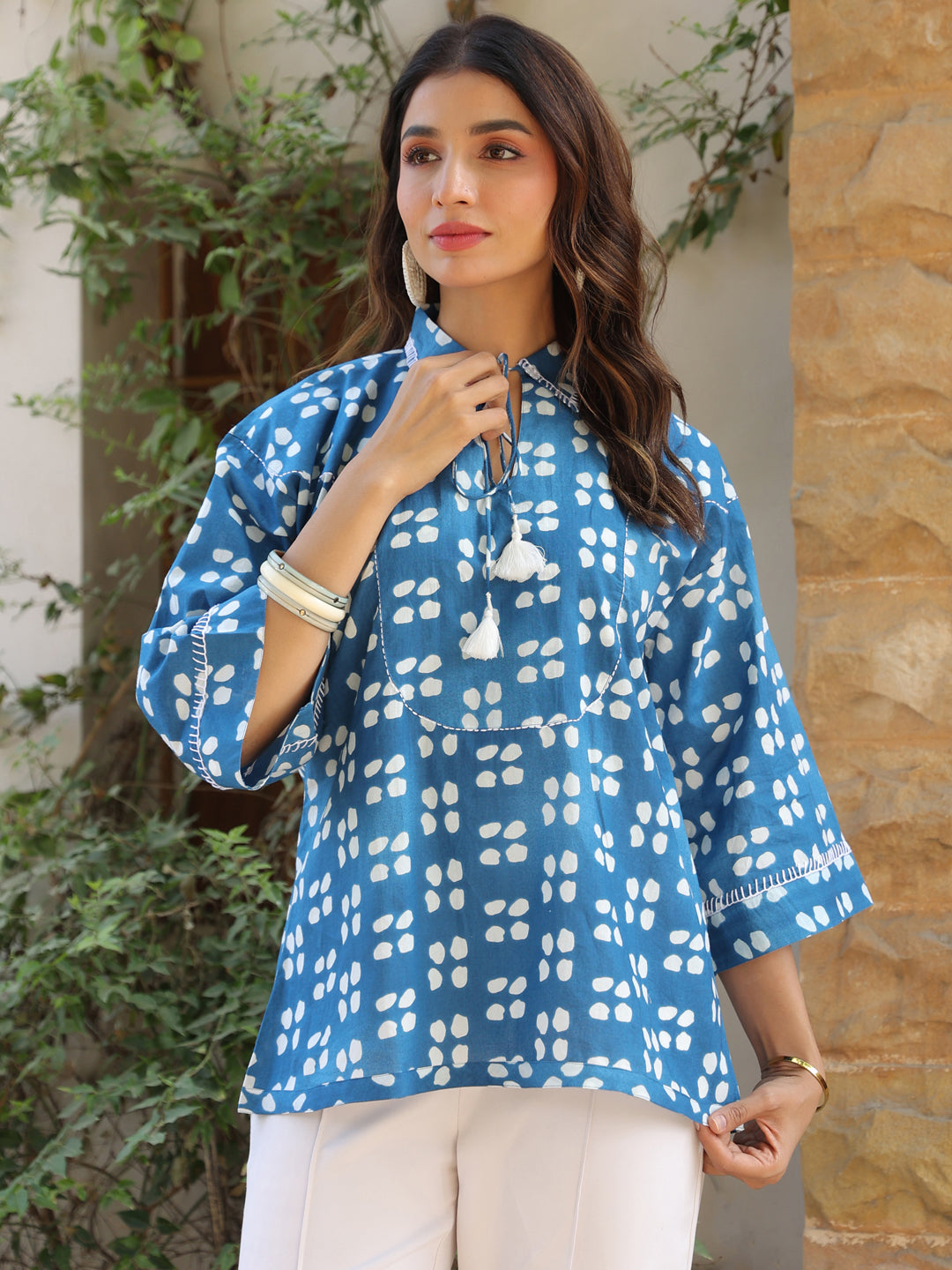 Blue Picnic Ethnic Motif Printed Cotton Top