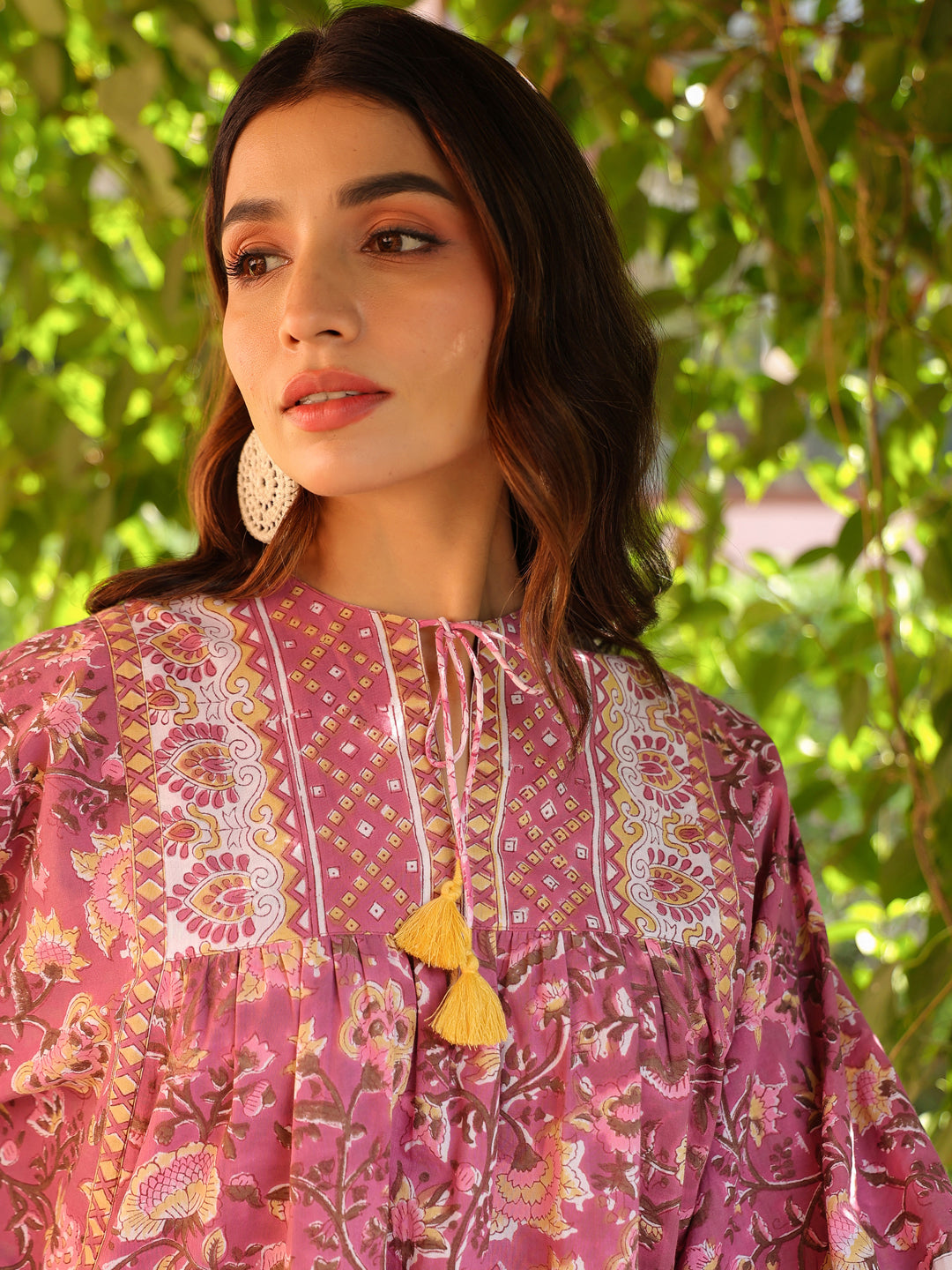 Mauve Hand-block Printed Boho Volume Sleeves Top