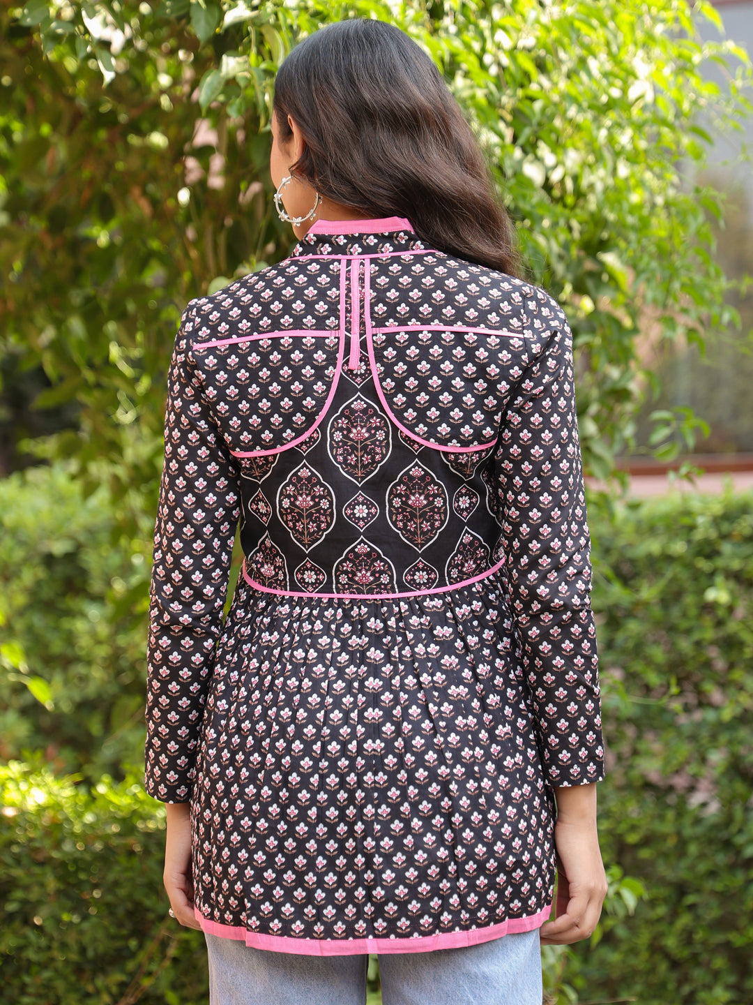 Black Handblock Printed A-Line Peplum Top with Tie-Up Detail