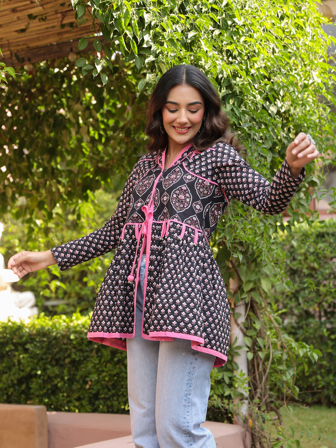 Black Handblock Printed A-Line Peplum Top with Tie-Up Detail