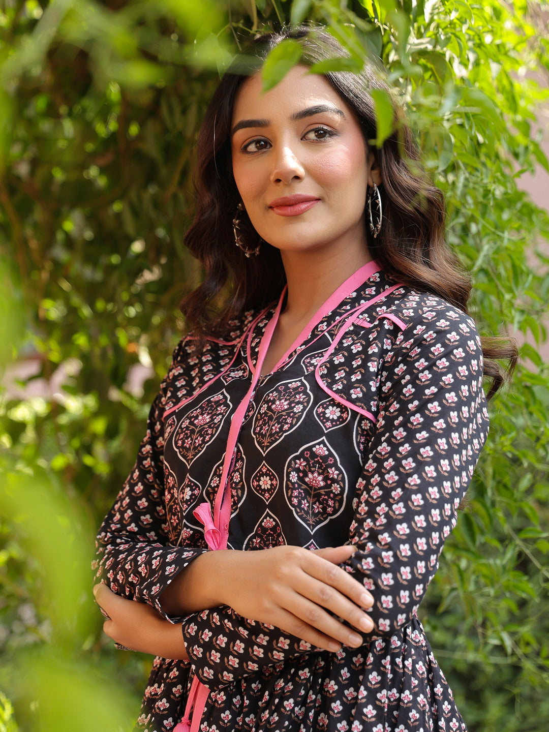 Black Handblock Printed A-Line Peplum Top with Tie-Up Detail