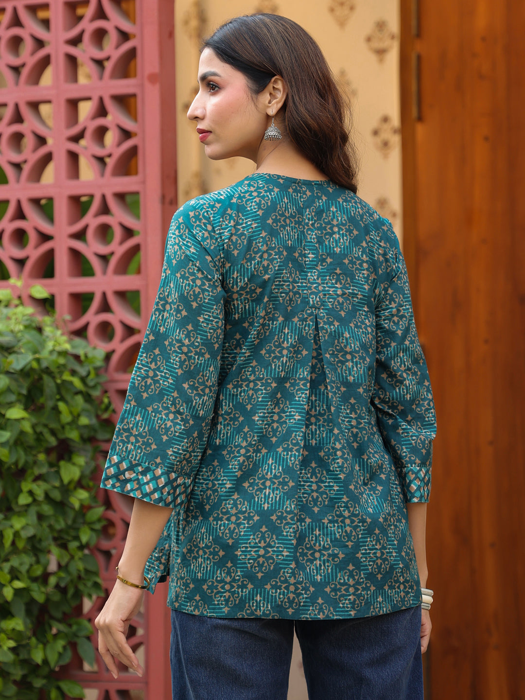 Teal Handblock Printed & Embroidered A-Line Top